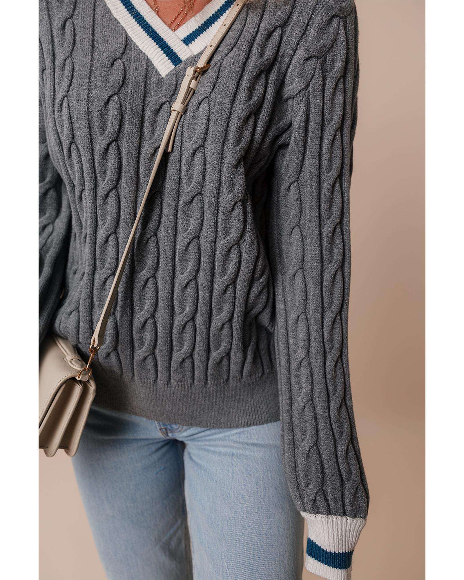 Medium Grey Color Contrast Ribbed Edge Cable Knit V Neck Sweater - L