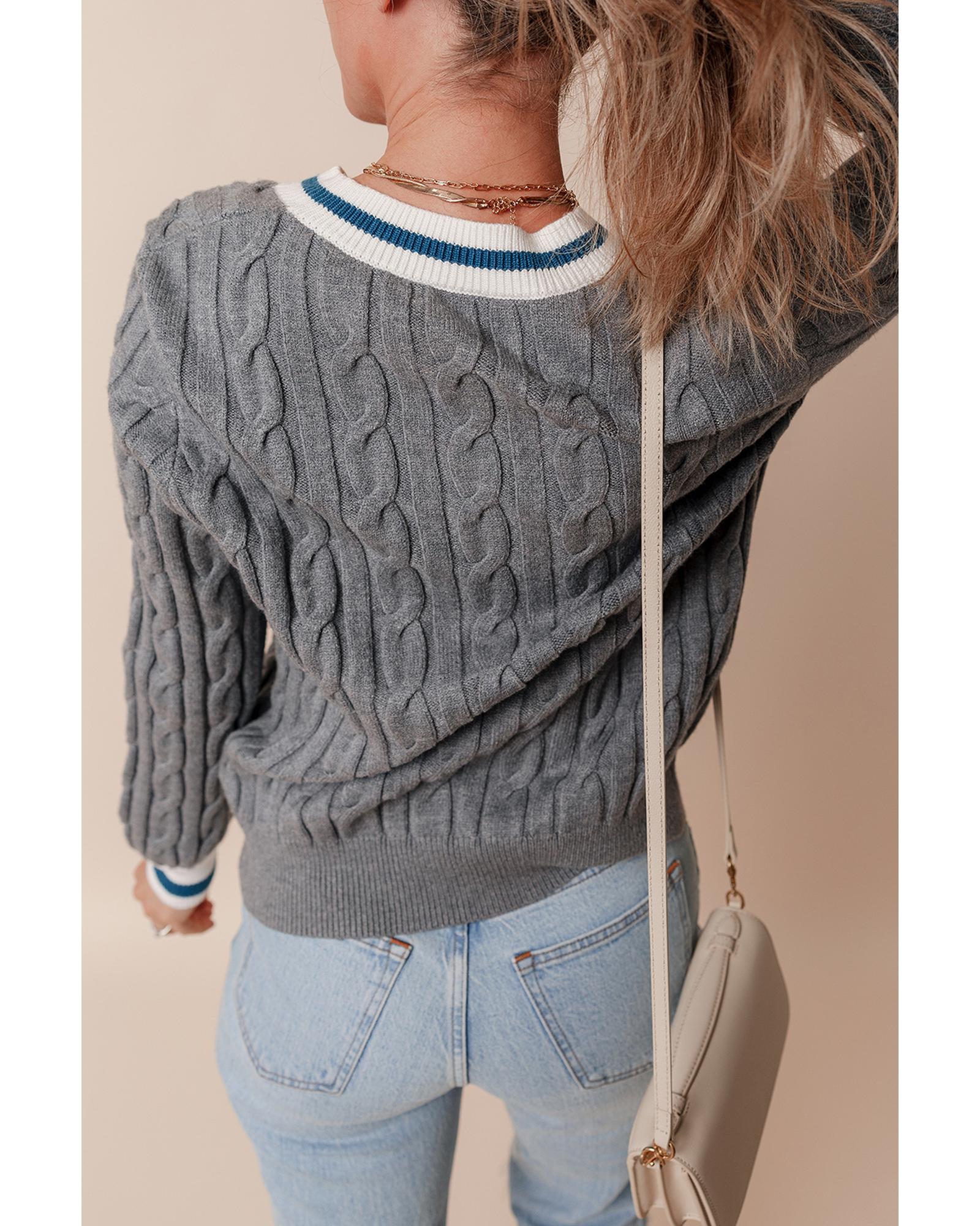 Medium Grey Color Contrast Ribbed Edge Cable Knit V Neck Sweater - M