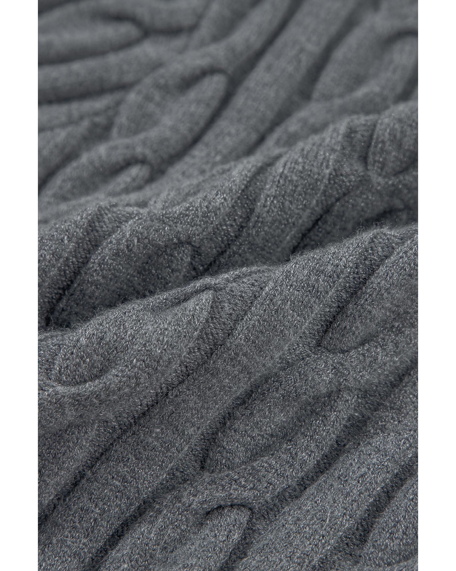 Medium Grey Color Contrast Ribbed Edge Cable Knit V Neck Sweater - M