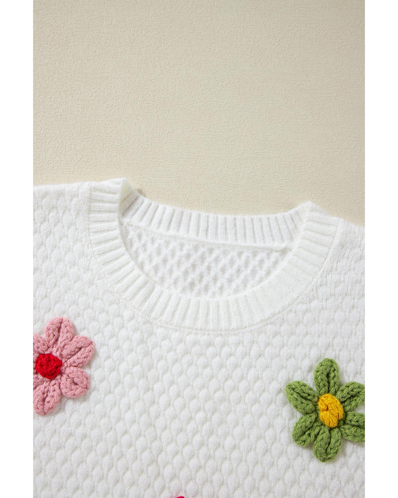 White Colorful Flower Applique Textured Knit Sweater - S