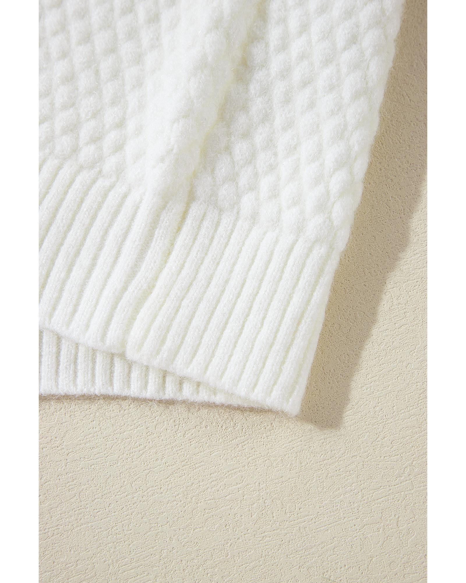 White Colorful Flower Applique Textured Knit Sweater - S