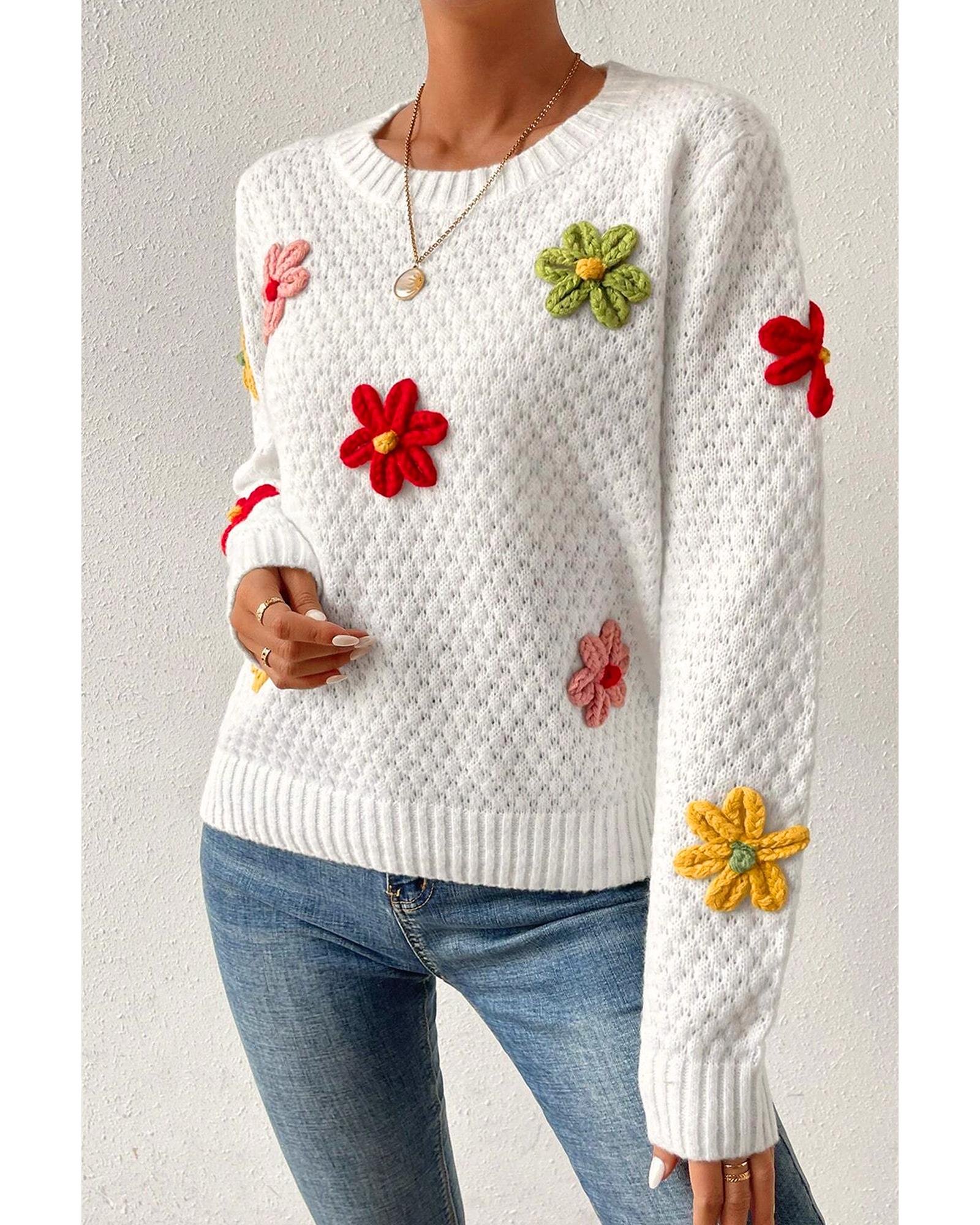 White Colorful Flower Applique Textured Knit Sweater - S