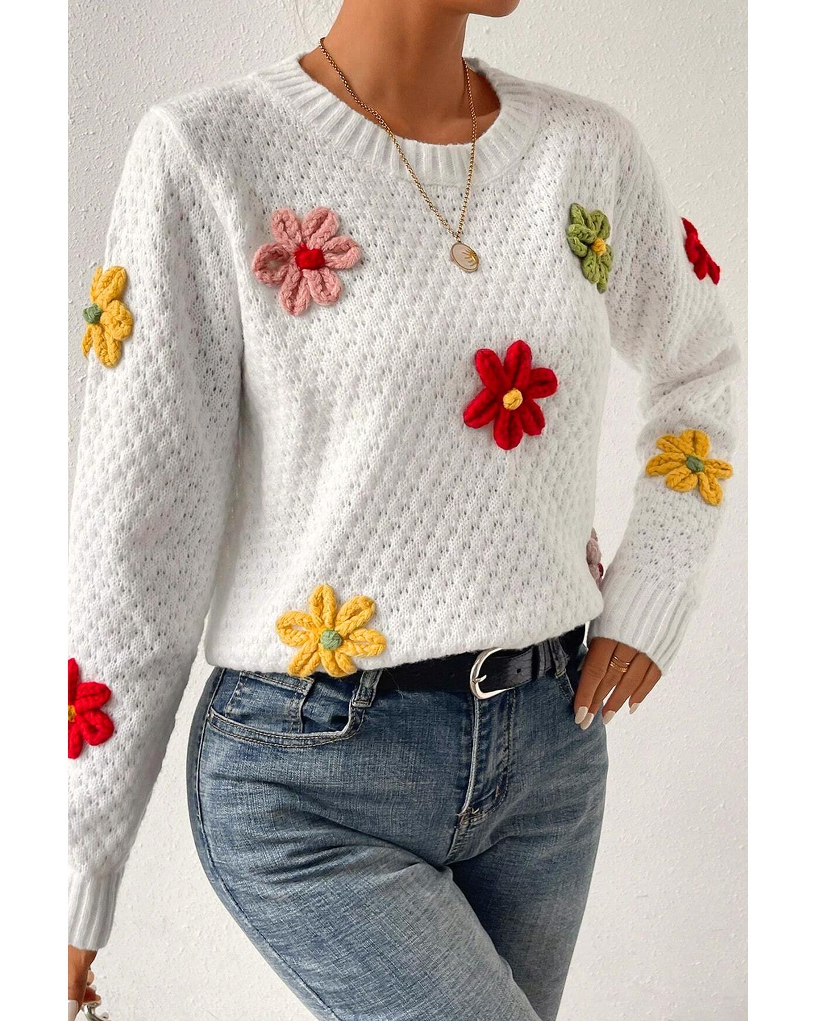 White Colorful Flower Applique Textured Knit Sweater - S