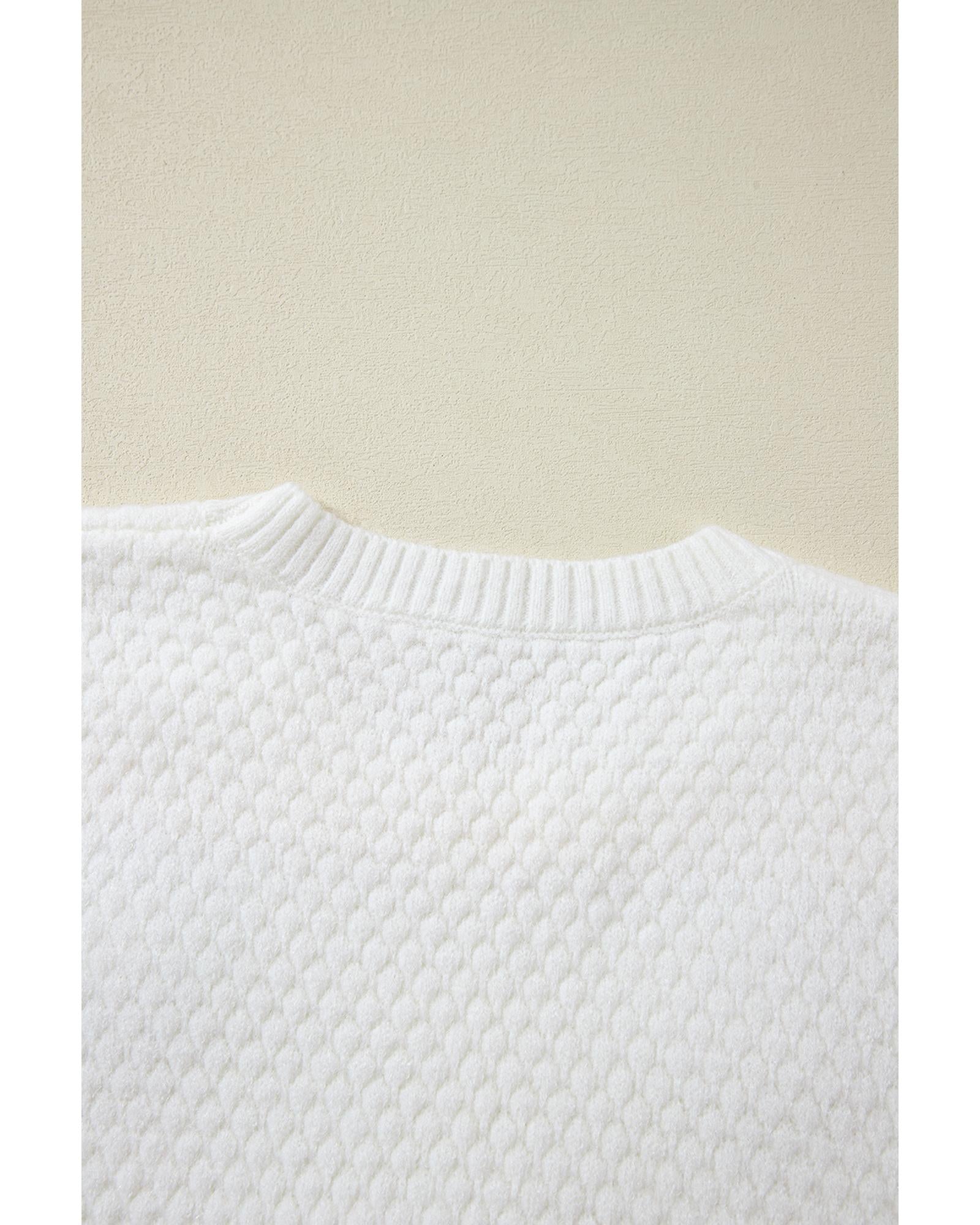 White Colorful Flower Applique Textured Knit Sweater - S