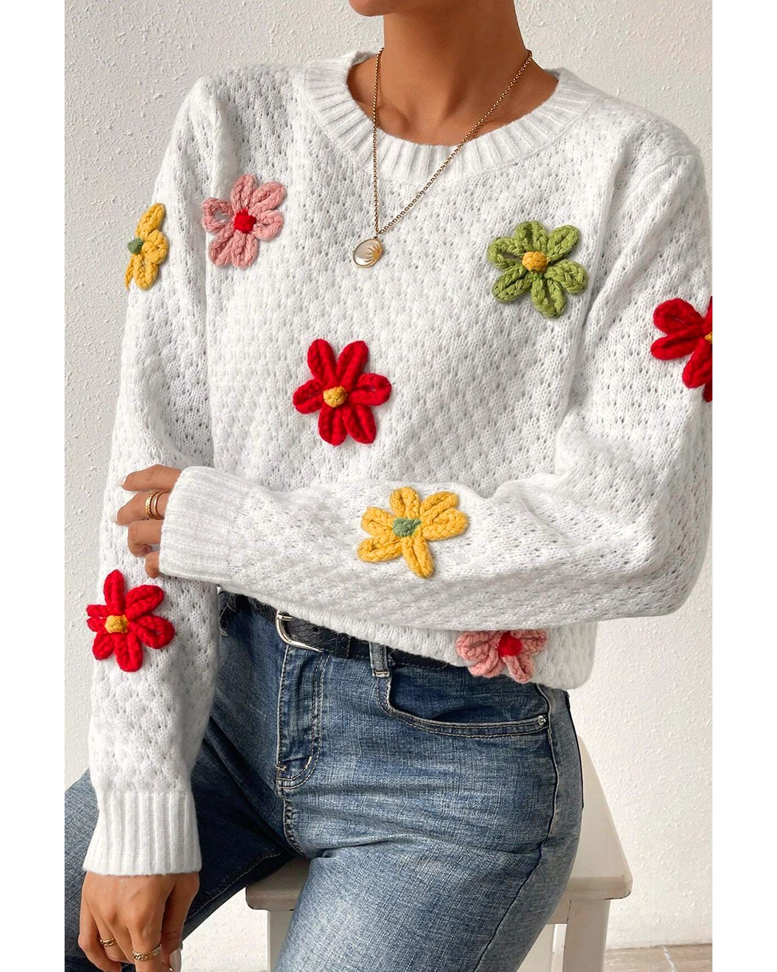 White Colorful Flower Applique Textured Knit Sweater - S