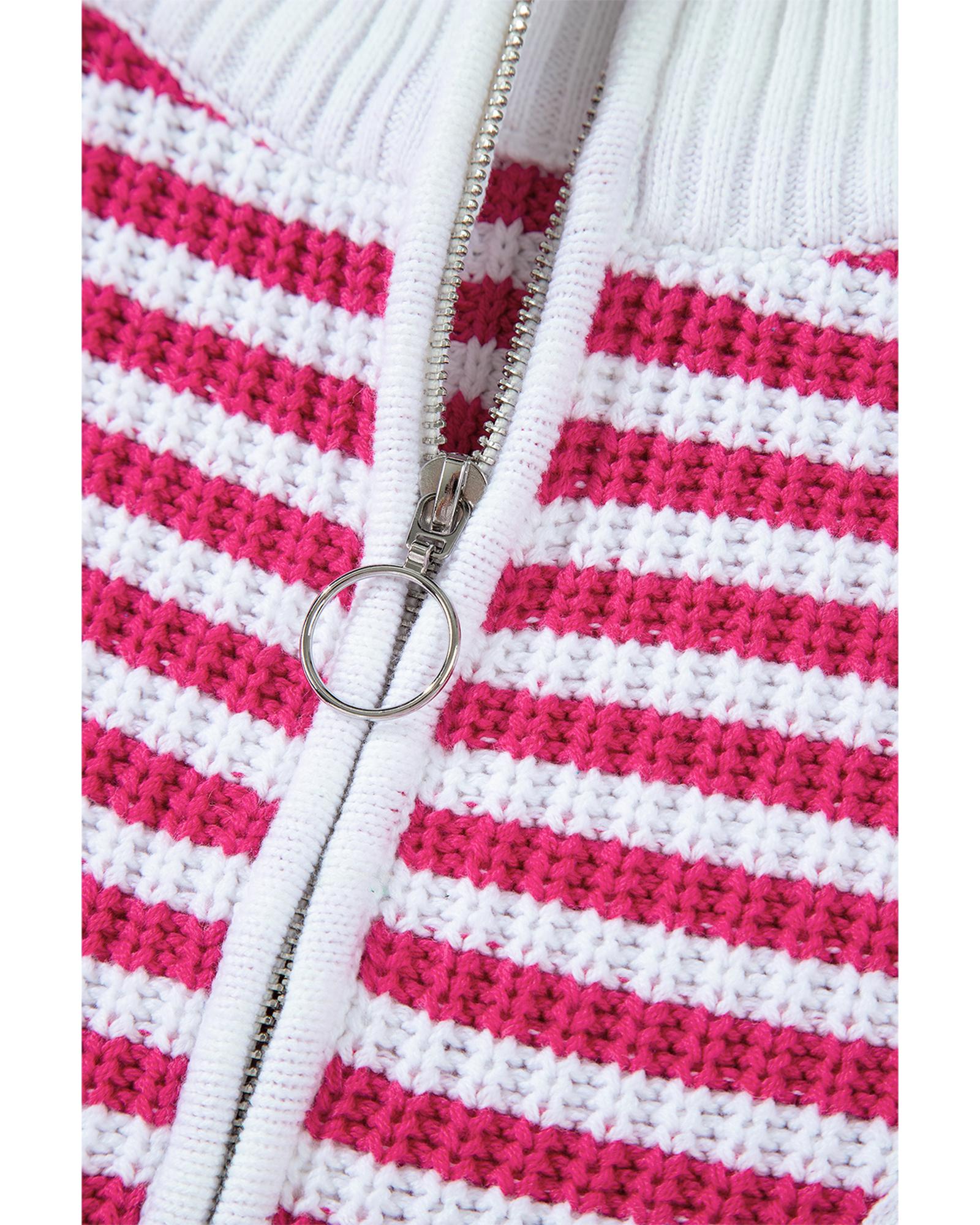 Pink Stripe Zip up Collar Drop Shoulder Sweater - M