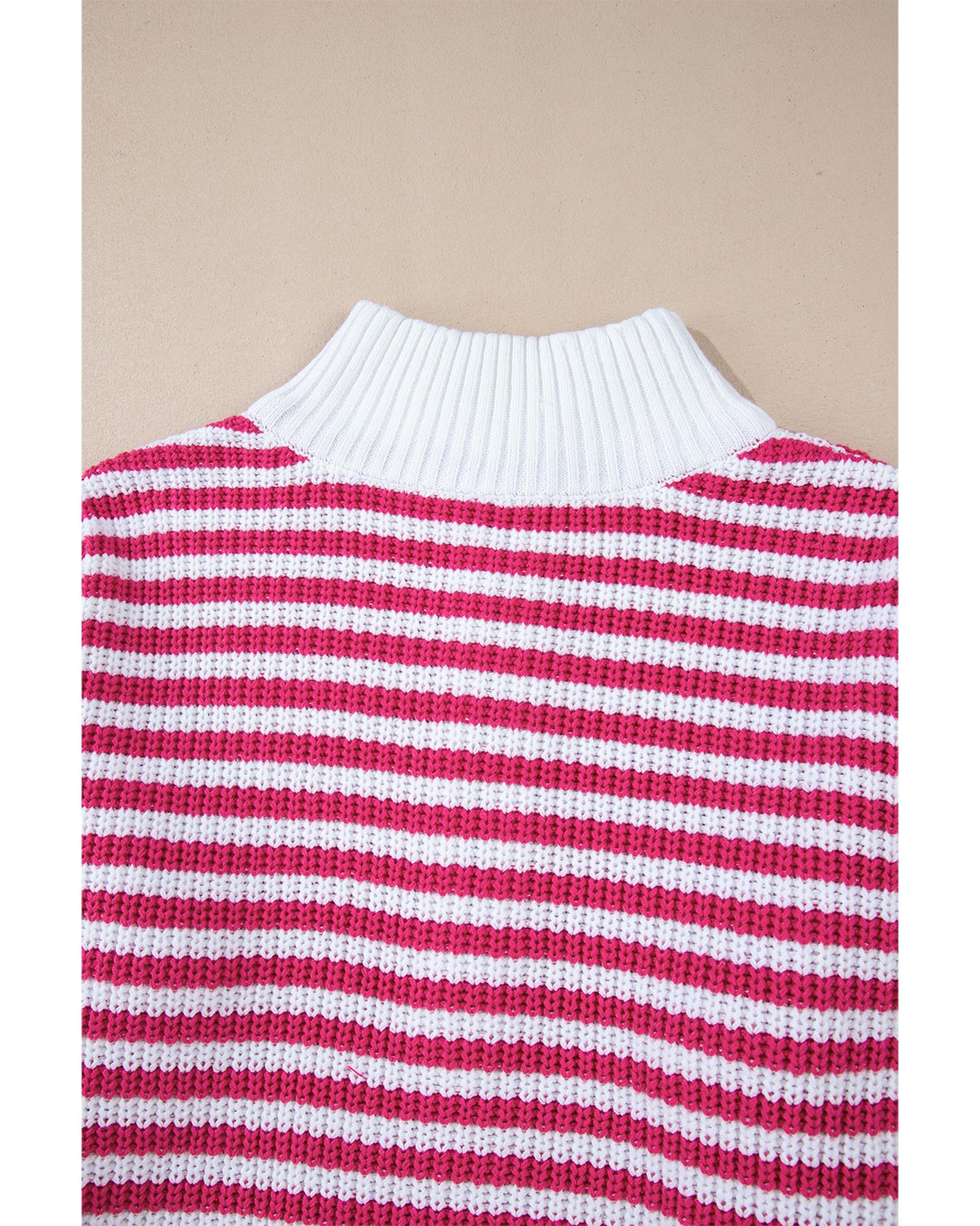 Pink Stripe Zip up Collar Drop Shoulder Sweater - M