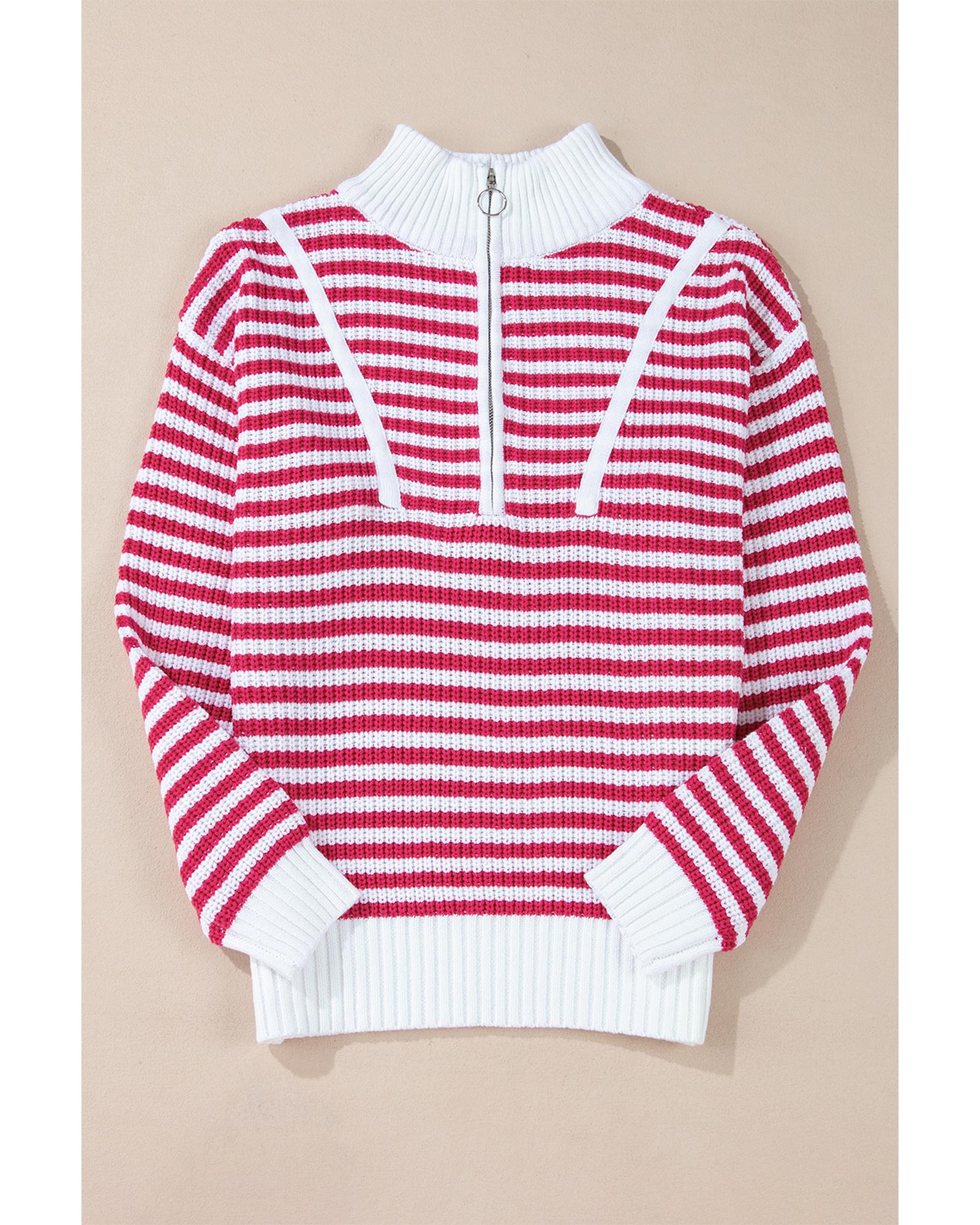 Pink Stripe Zip up Collar Drop Shoulder Sweater - M
