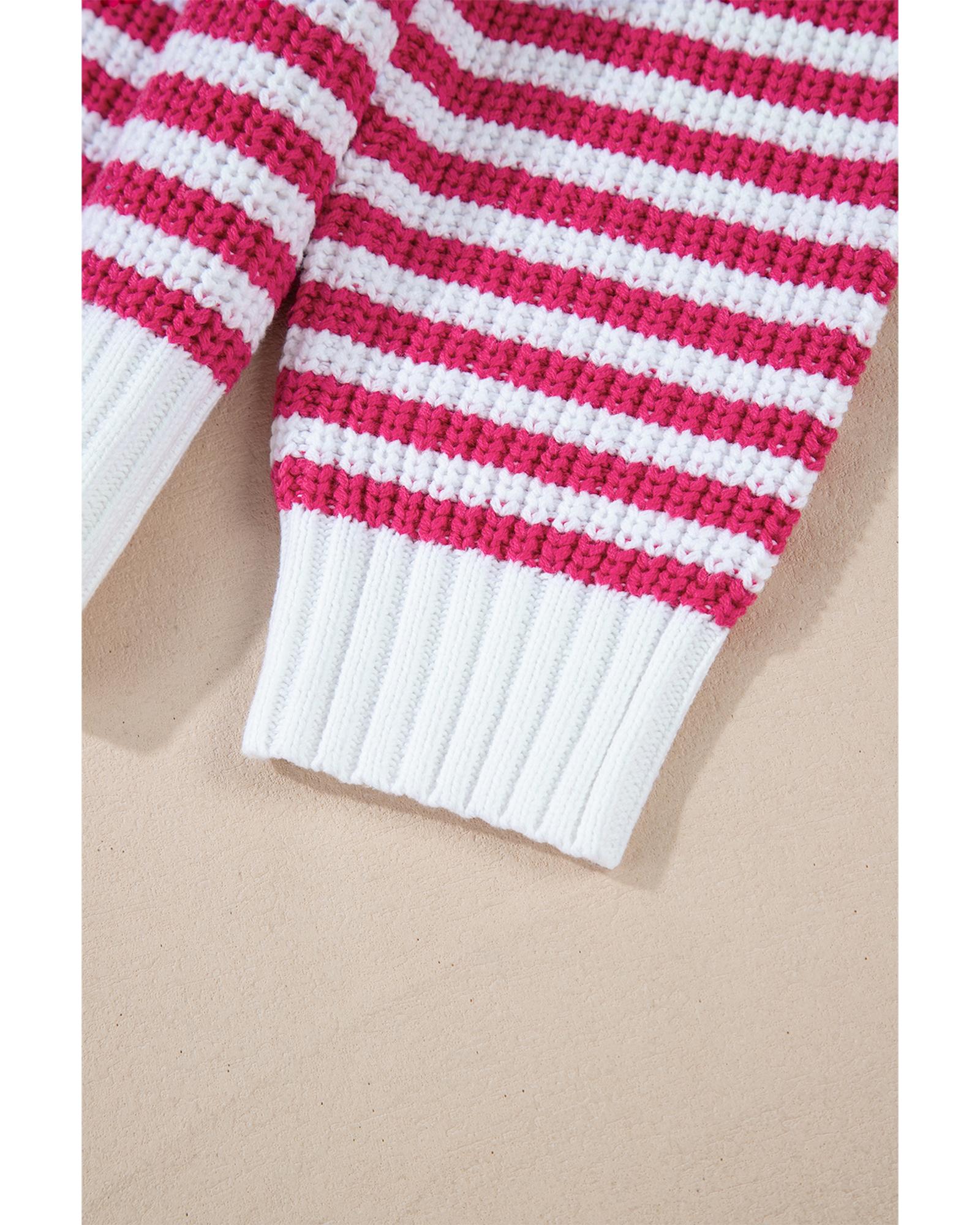 Pink Stripe Zip up Collar Drop Shoulder Sweater - M