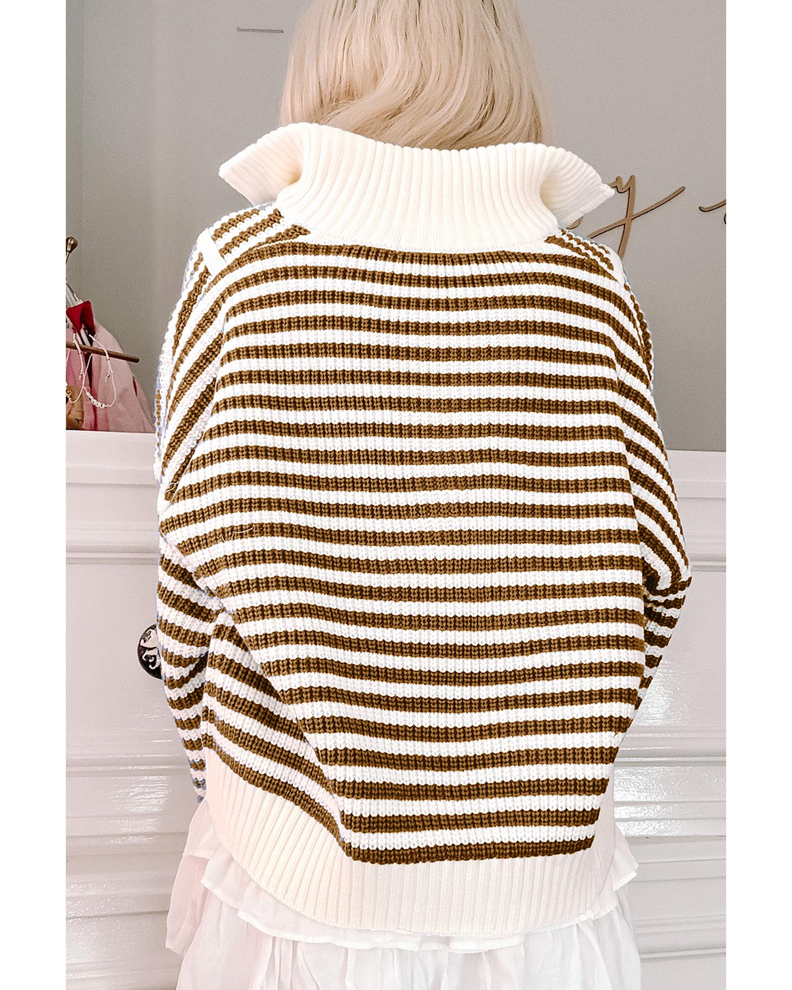 Khaki Stripe Zip up Collar Drop Shoulder Sweater - L