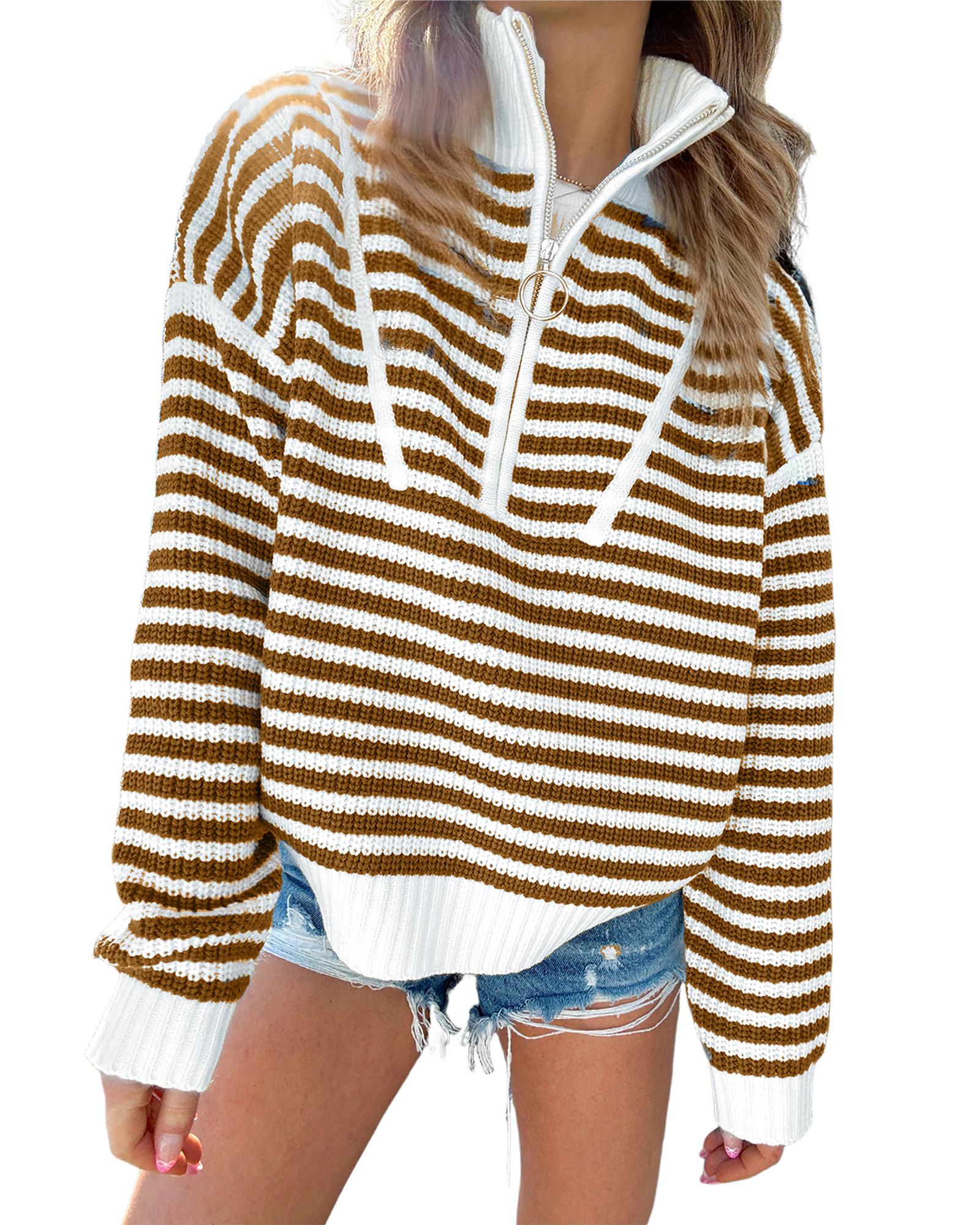 Khaki Stripe Zip up Collar Drop Shoulder Sweater - L