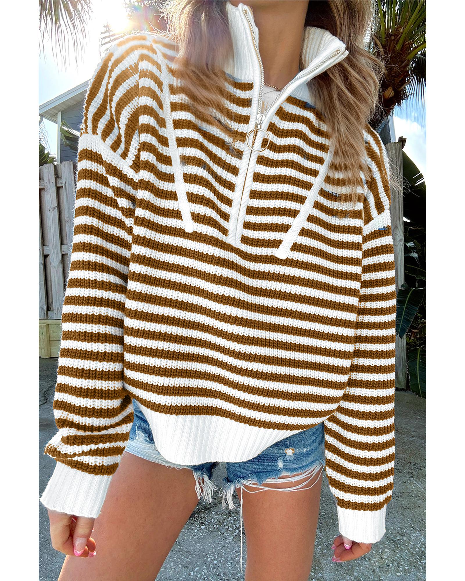 Khaki Stripe Zip up Collar Drop Shoulder Sweater - L