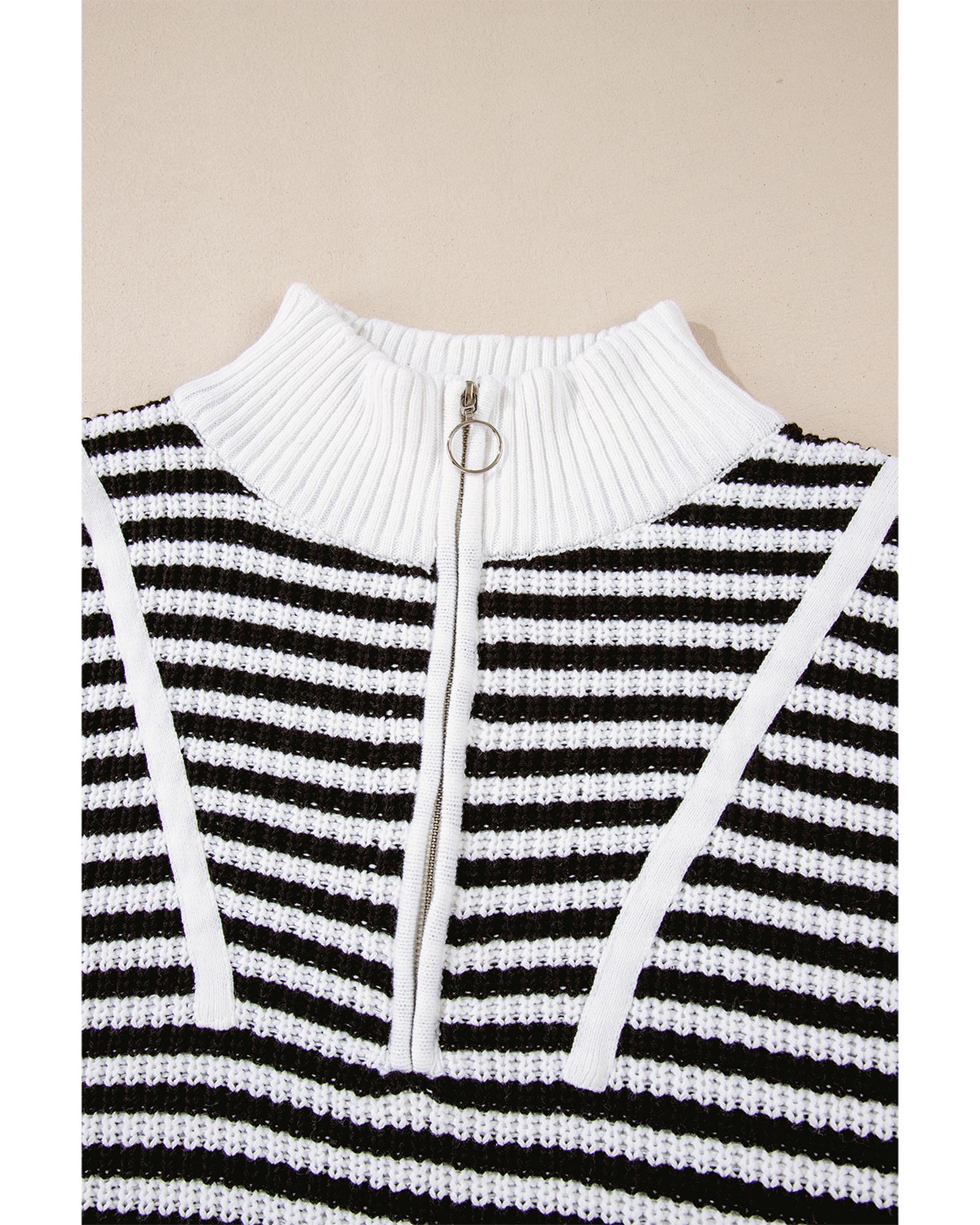 Black Stripe Zip up Collar Drop Shoulder Sweater - L