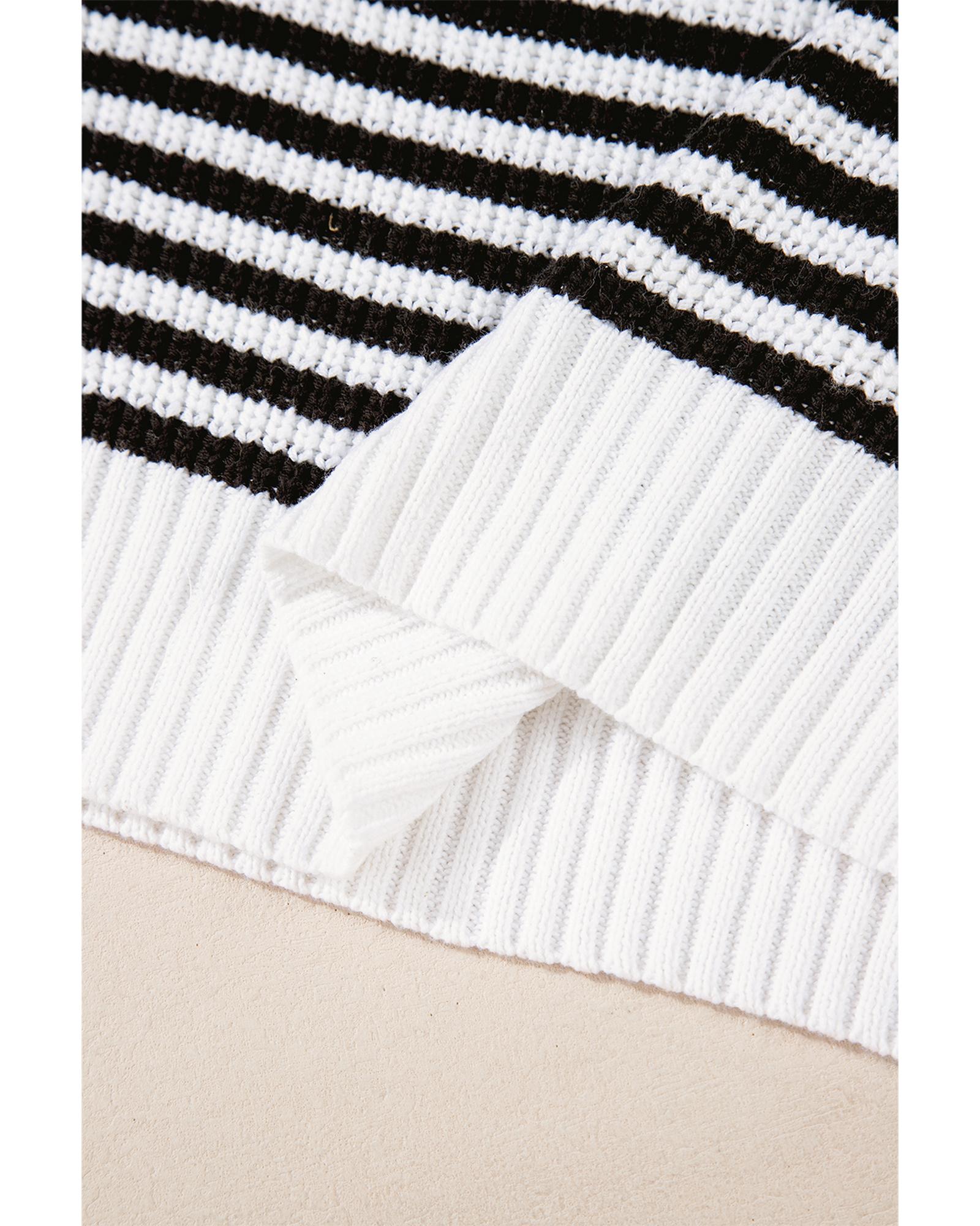 Black Stripe Zip up Collar Drop Shoulder Sweater - L