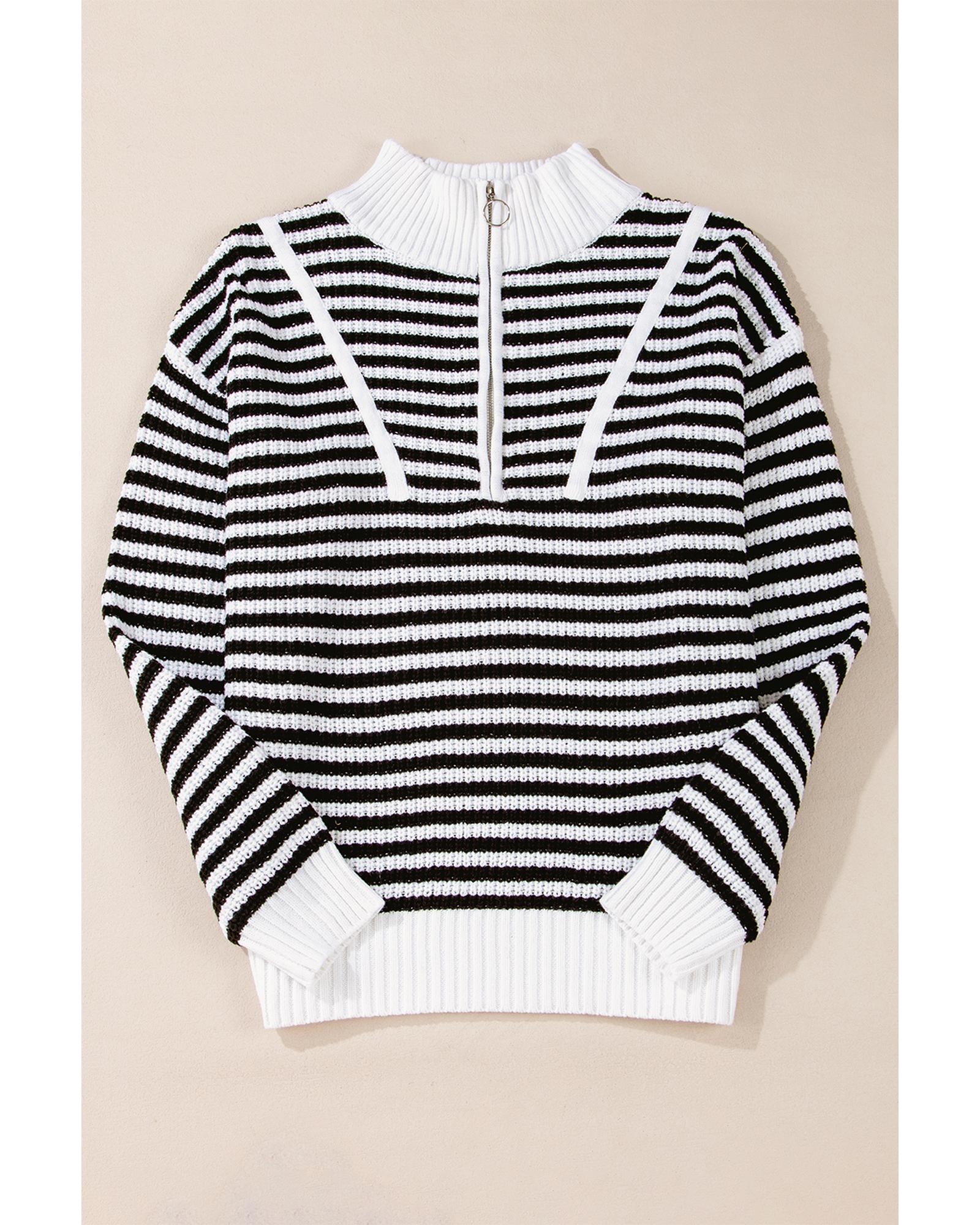Black Stripe Zip up Collar Drop Shoulder Sweater - M