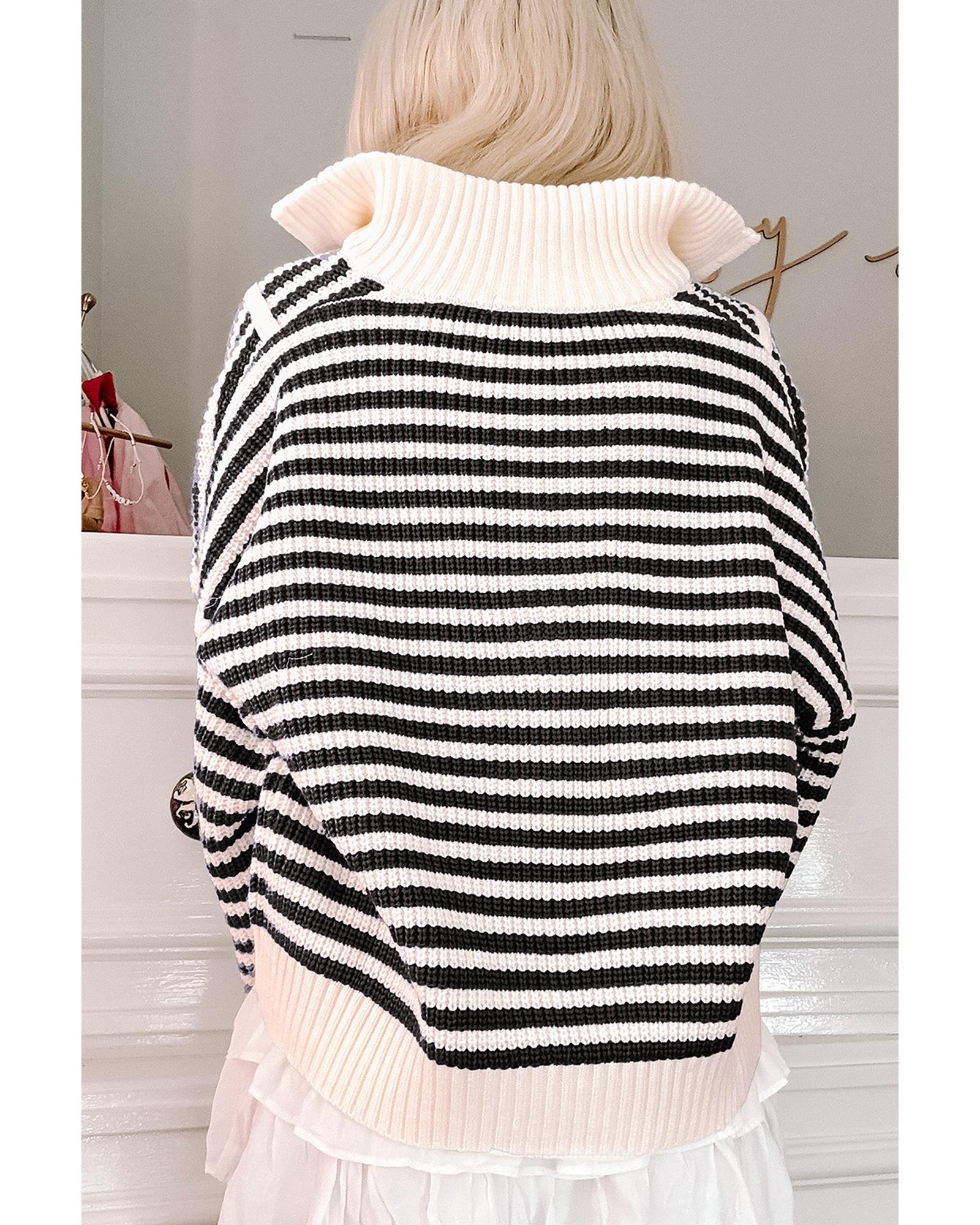 Black Stripe Zip up Collar Drop Shoulder Sweater - M