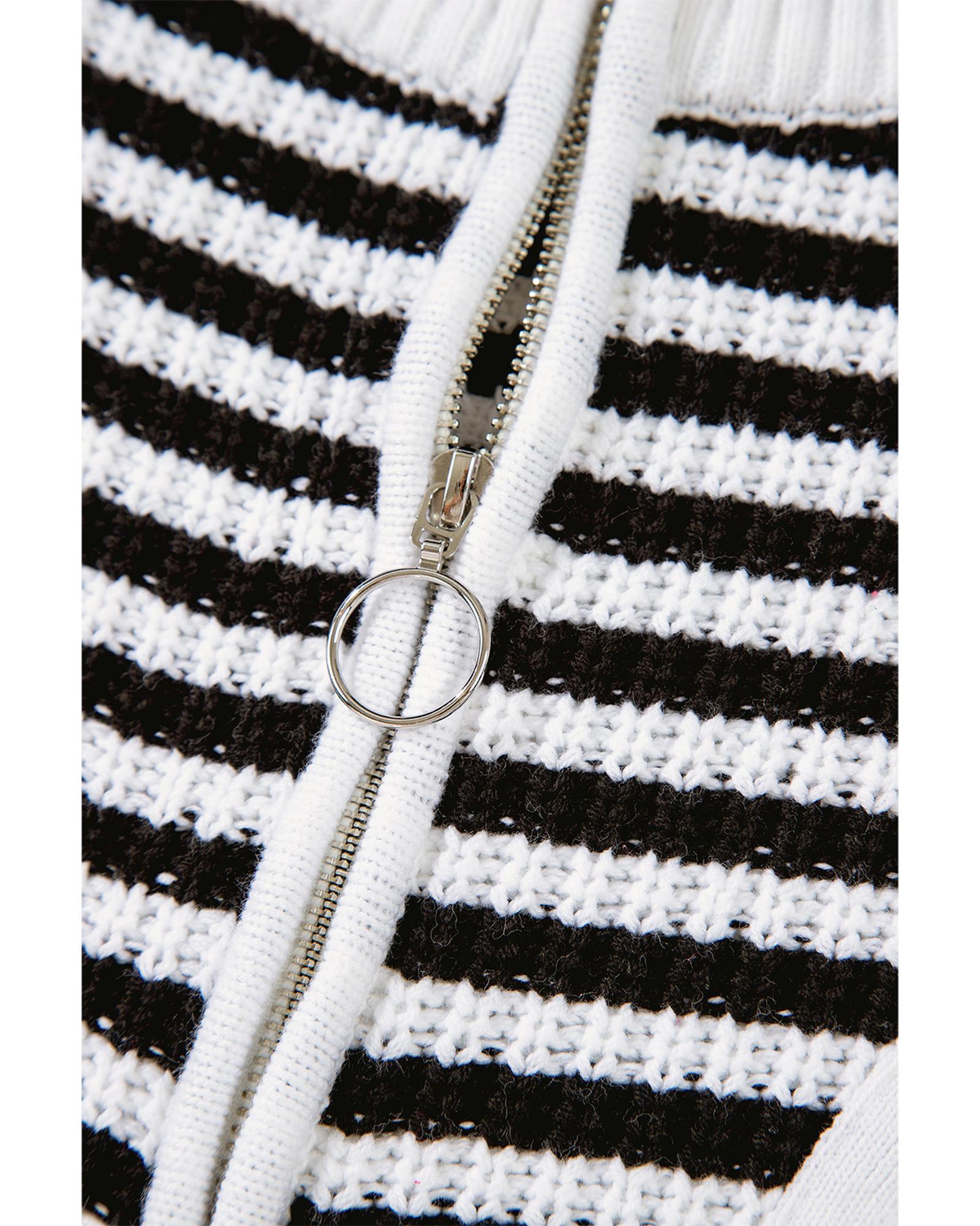 Black Stripe Zip up Collar Drop Shoulder Sweater - M