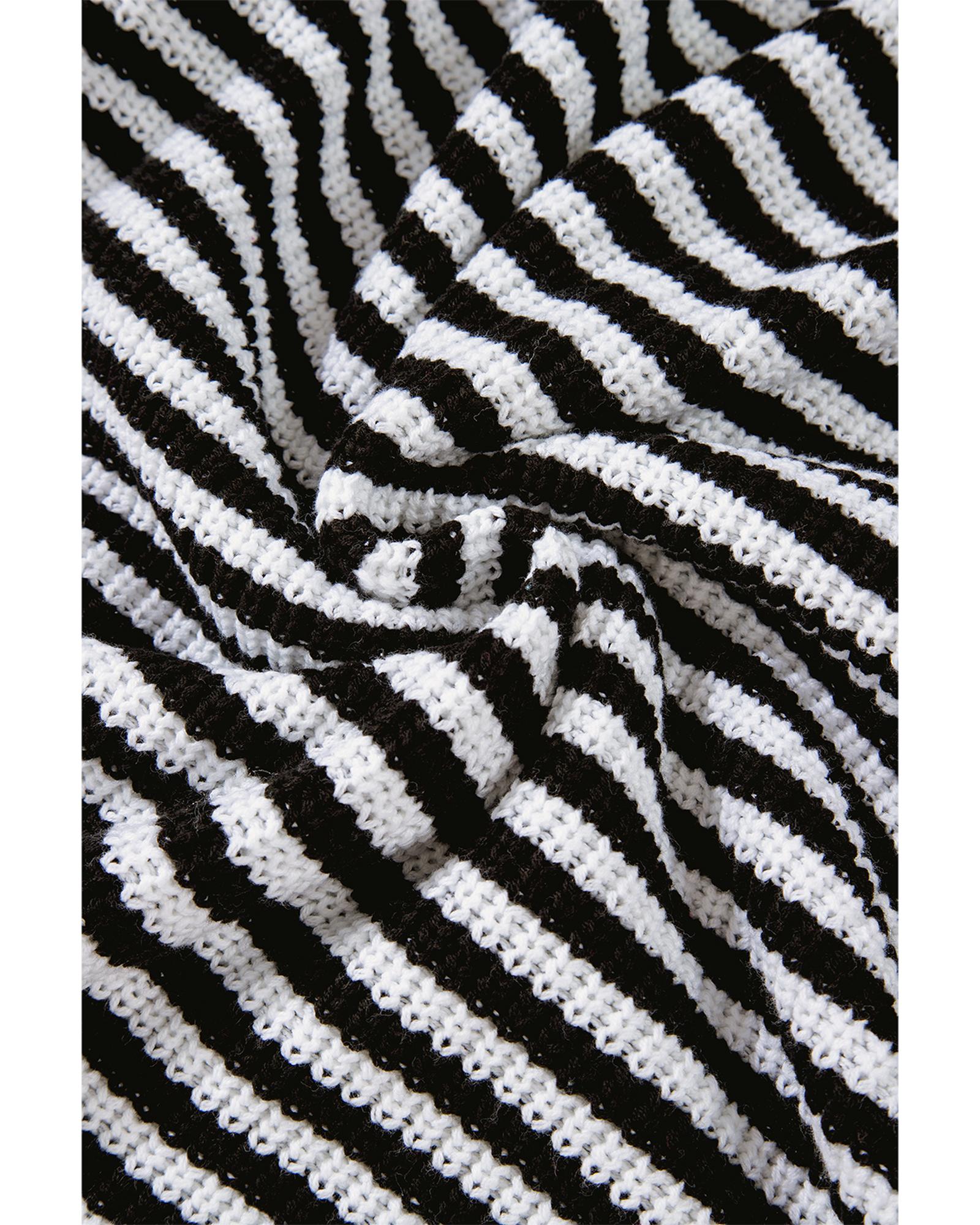 Black Stripe Zip up Collar Drop Shoulder Sweater - M