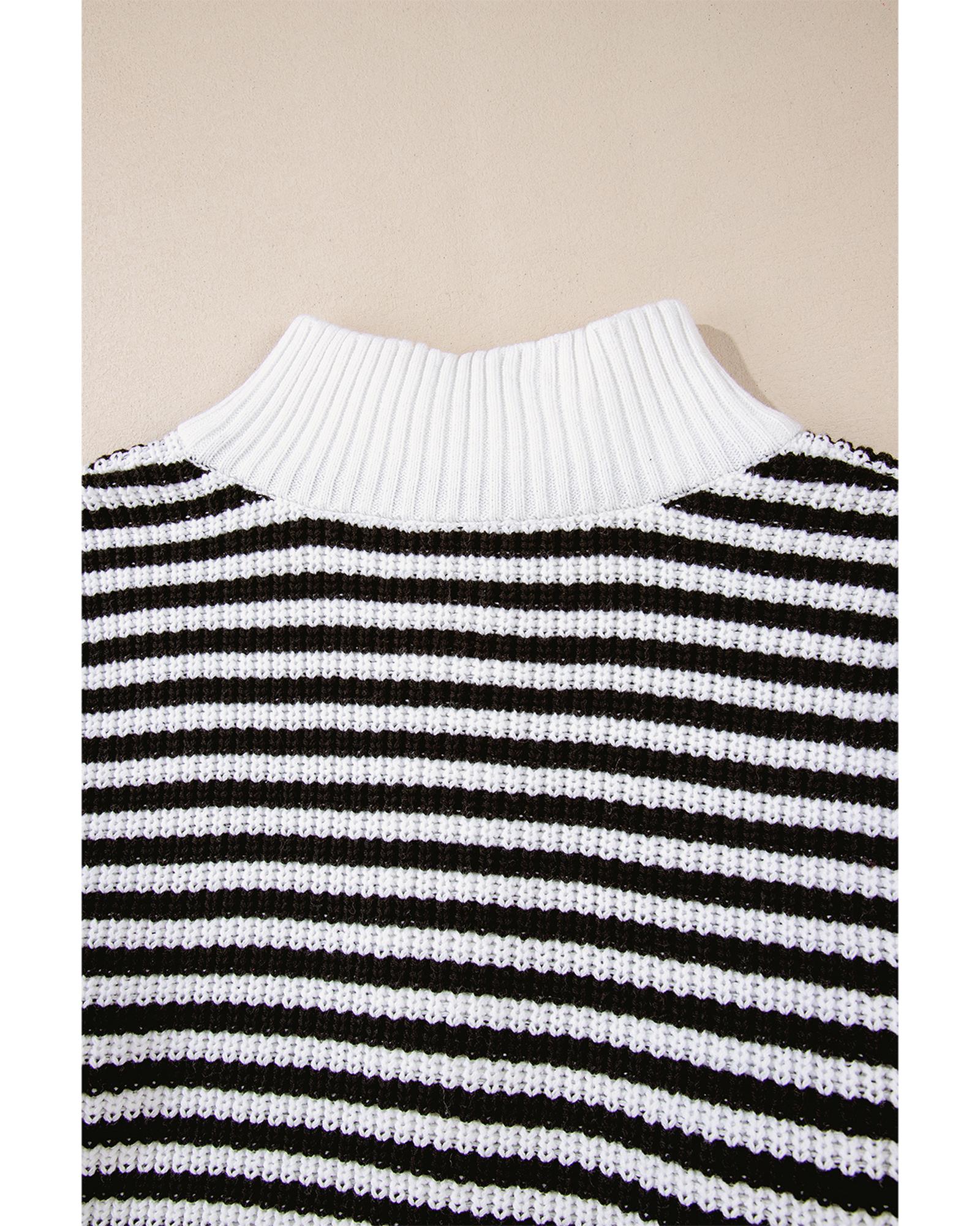 Black Stripe Zip up Collar Drop Shoulder Sweater - XL