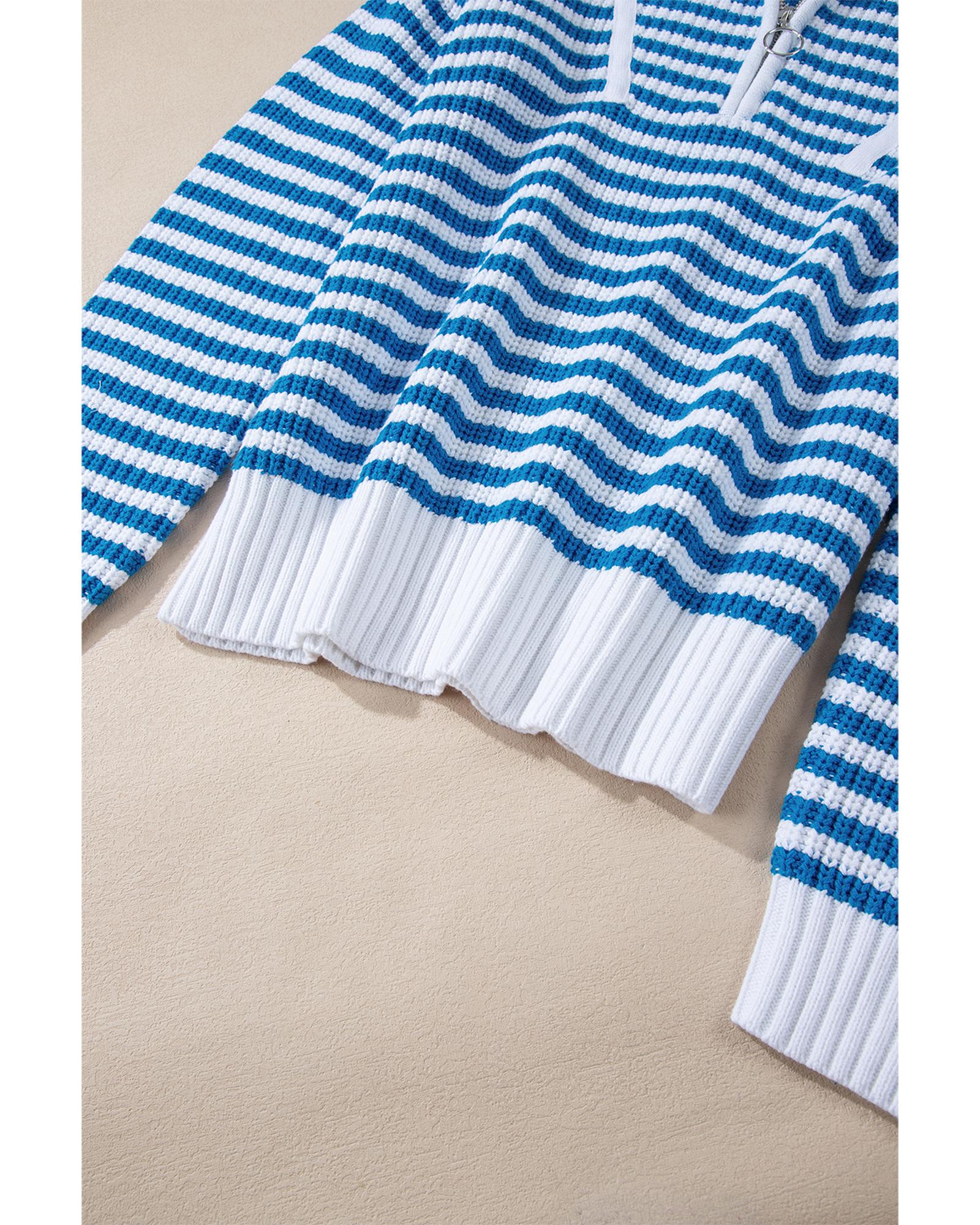 Sky Blue Stripe Zip up Collar Drop Shoulder Sweater - L