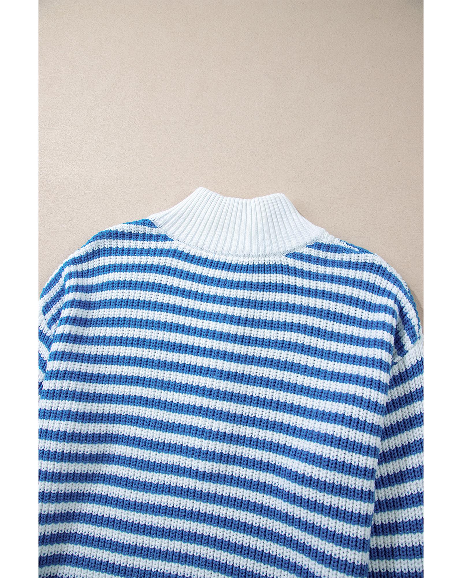 Sky Blue Stripe Zip up Collar Drop Shoulder Sweater - M