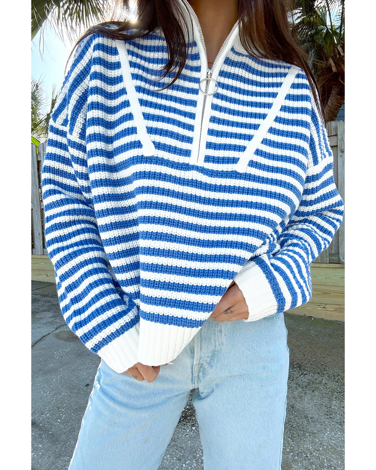 Sky Blue Stripe Zip up Collar Drop Shoulder Sweater - M