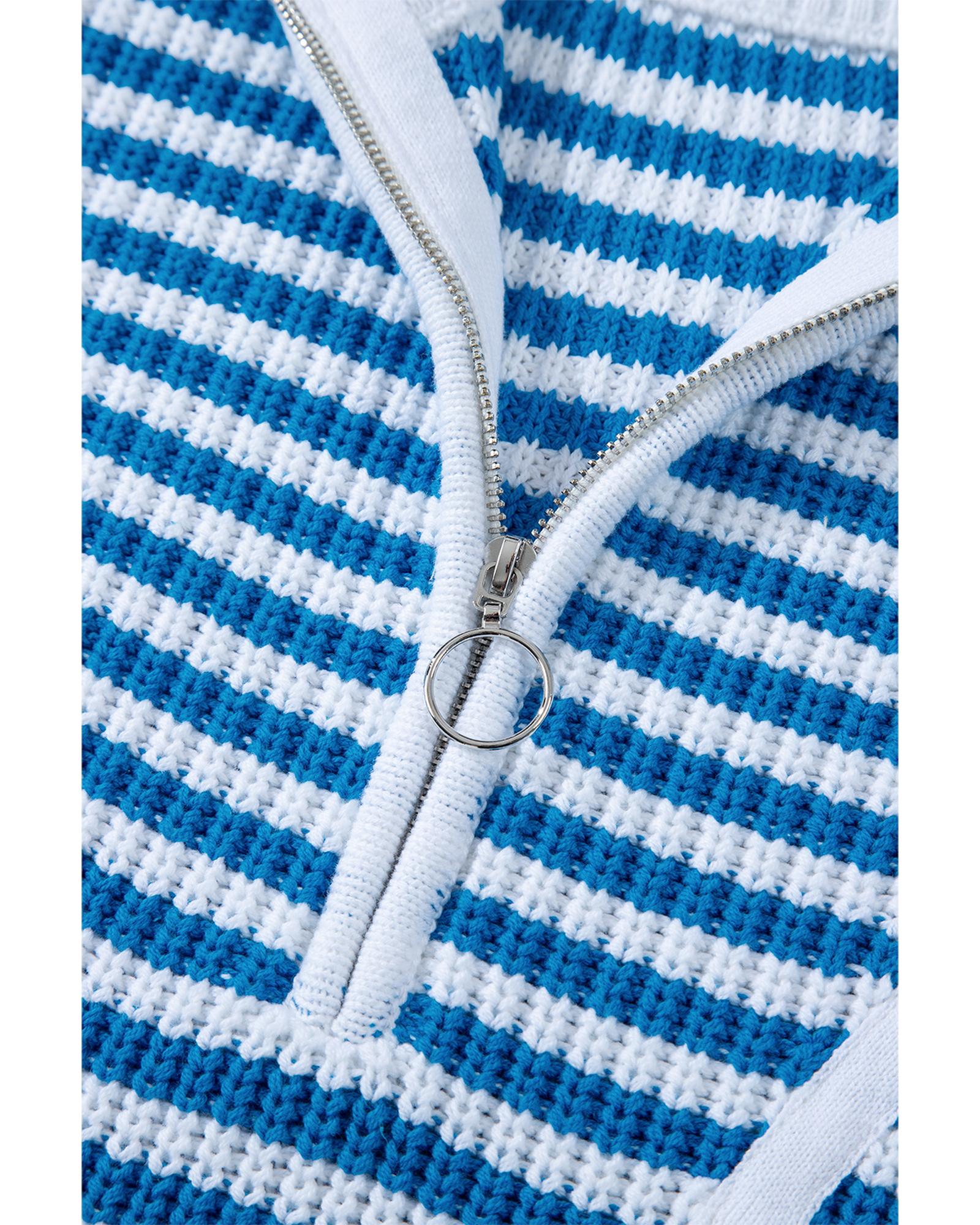 Sky Blue Stripe Zip up Collar Drop Shoulder Sweater - M