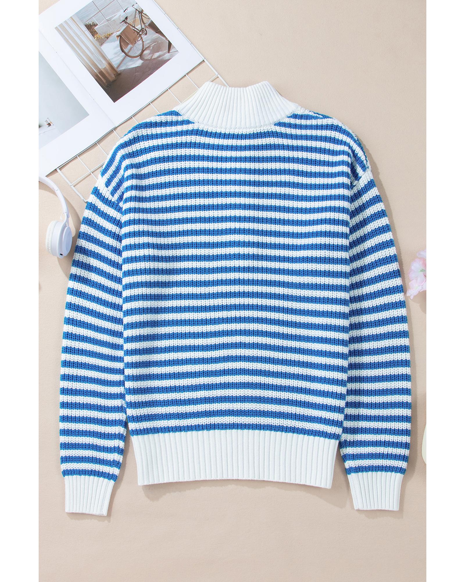 Sky Blue Stripe Zip up Collar Drop Shoulder Sweater - M