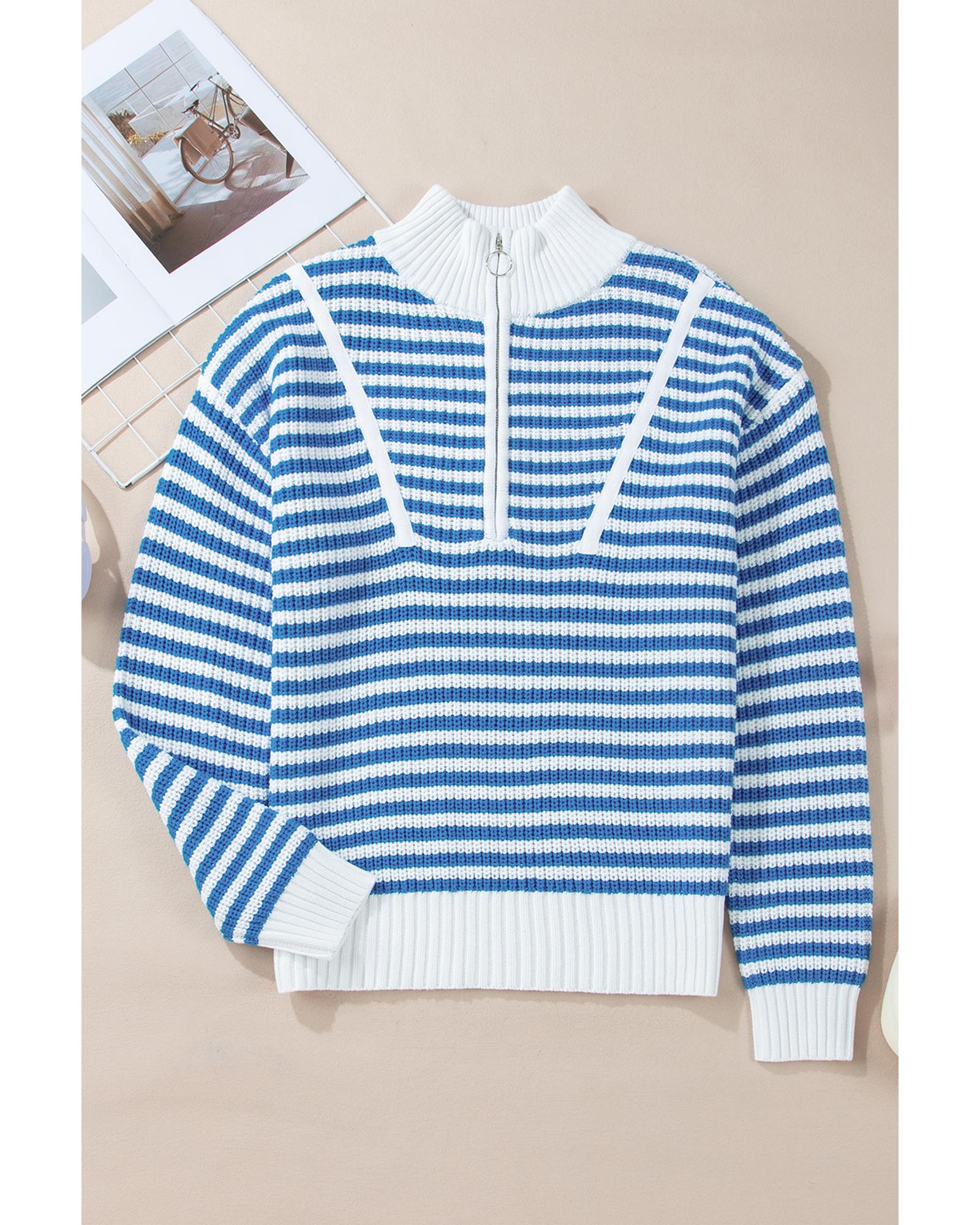 Sky Blue Stripe Zip up Collar Drop Shoulder Sweater - M