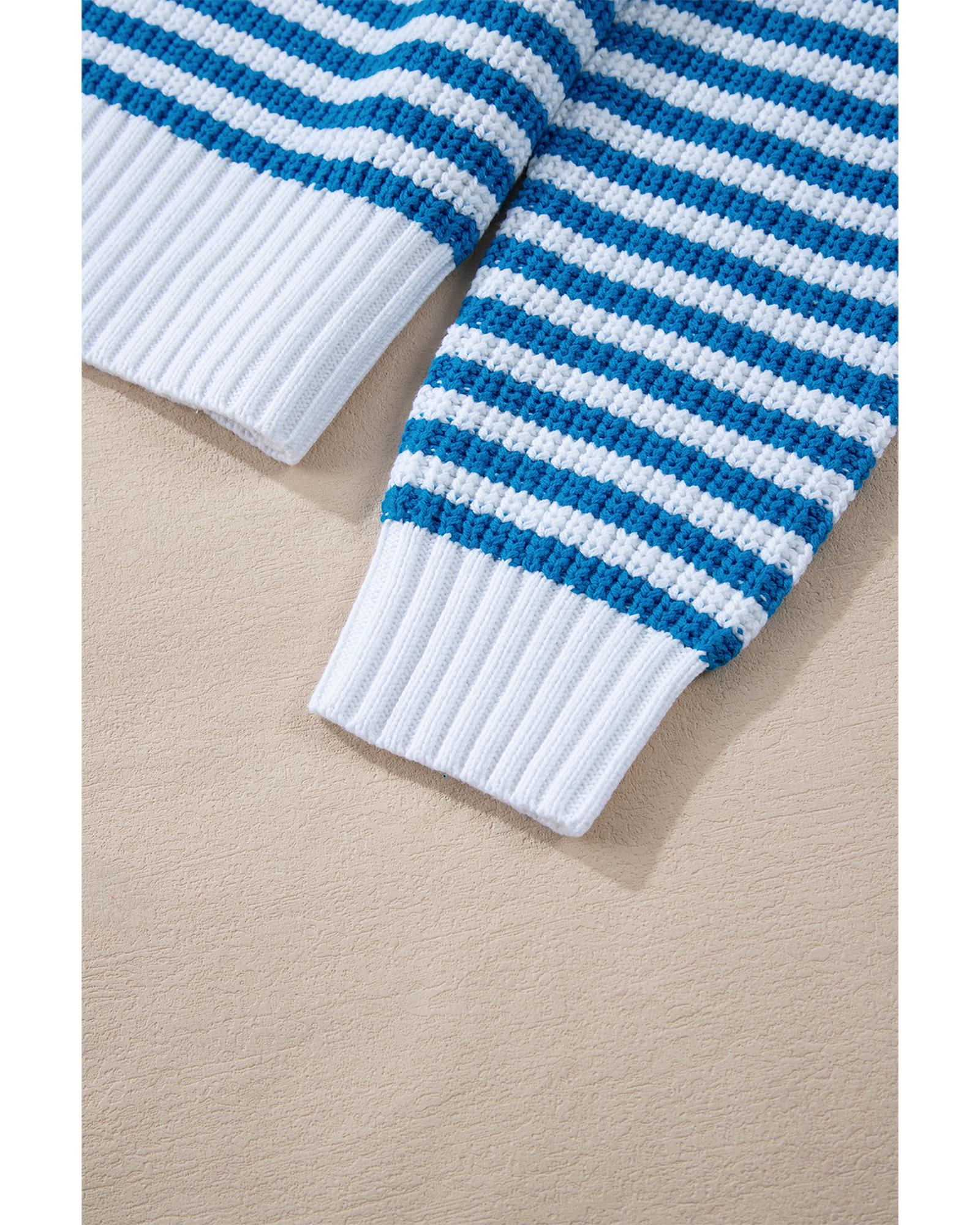 Sky Blue Stripe Zip up Collar Drop Shoulder Sweater - XL