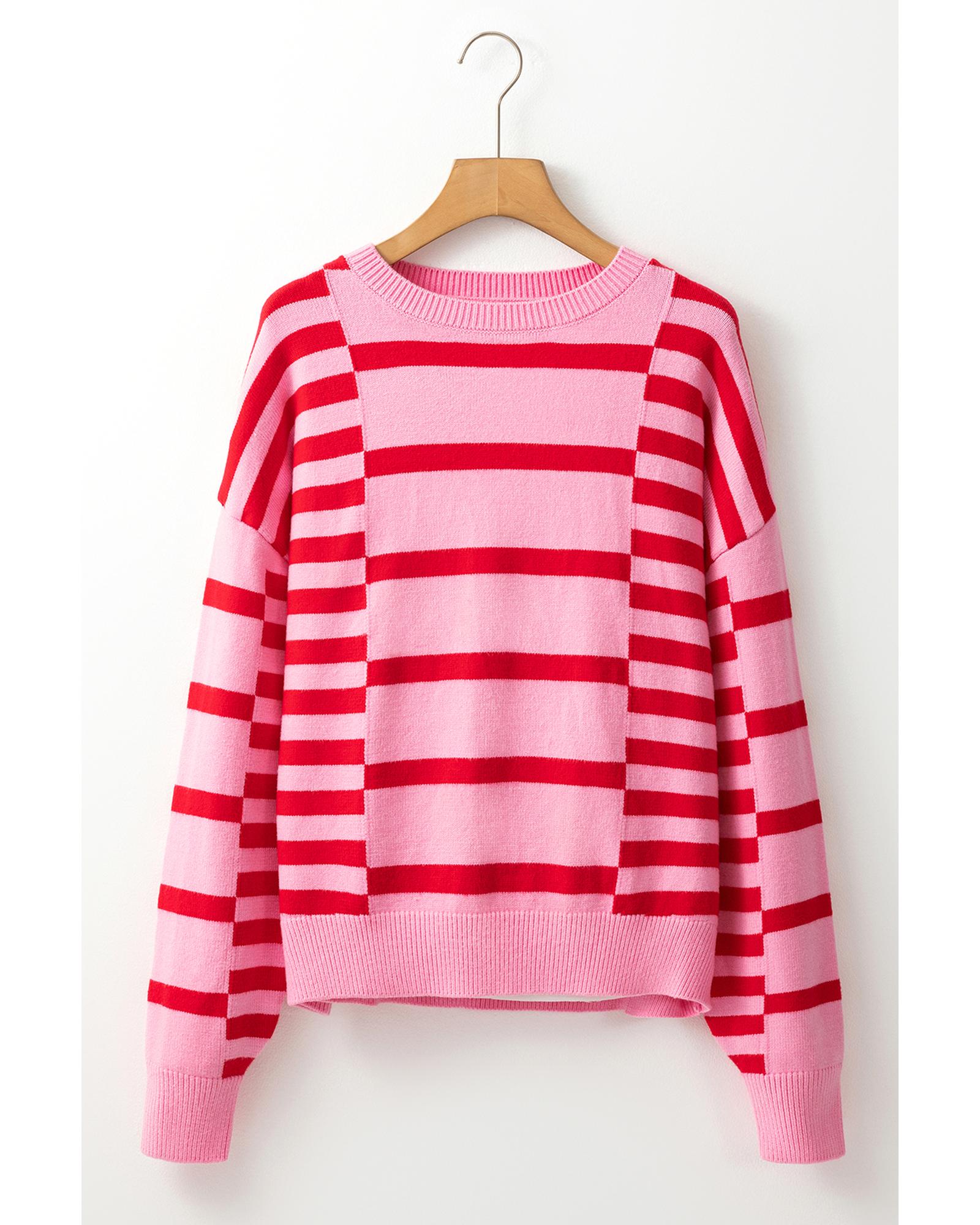 Pink Stripe Bubble Sleeve Drop Shoulder Ribbed Trim Sweater - M