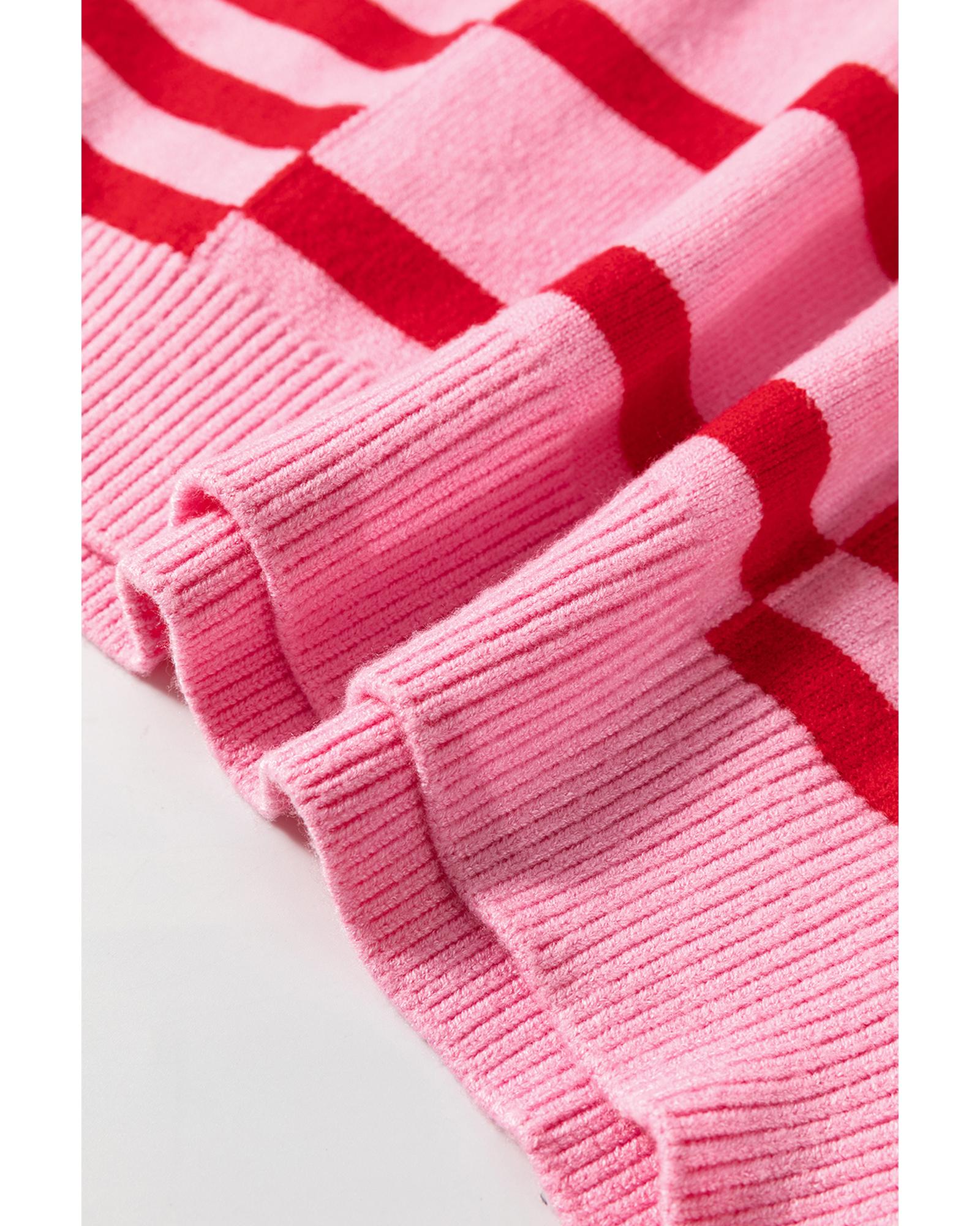 Pink Stripe Bubble Sleeve Drop Shoulder Ribbed Trim Sweater - M