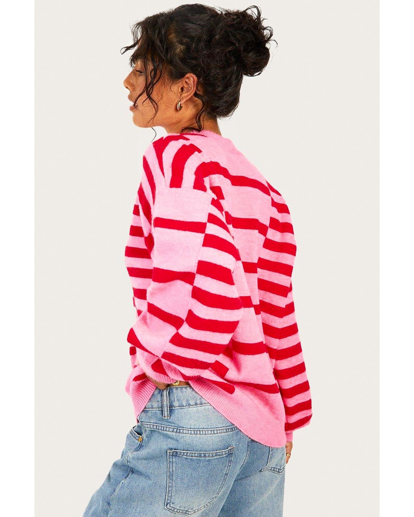 Pink Stripe Bubble Sleeve Drop Shoulder Ribbed Trim Sweater - M