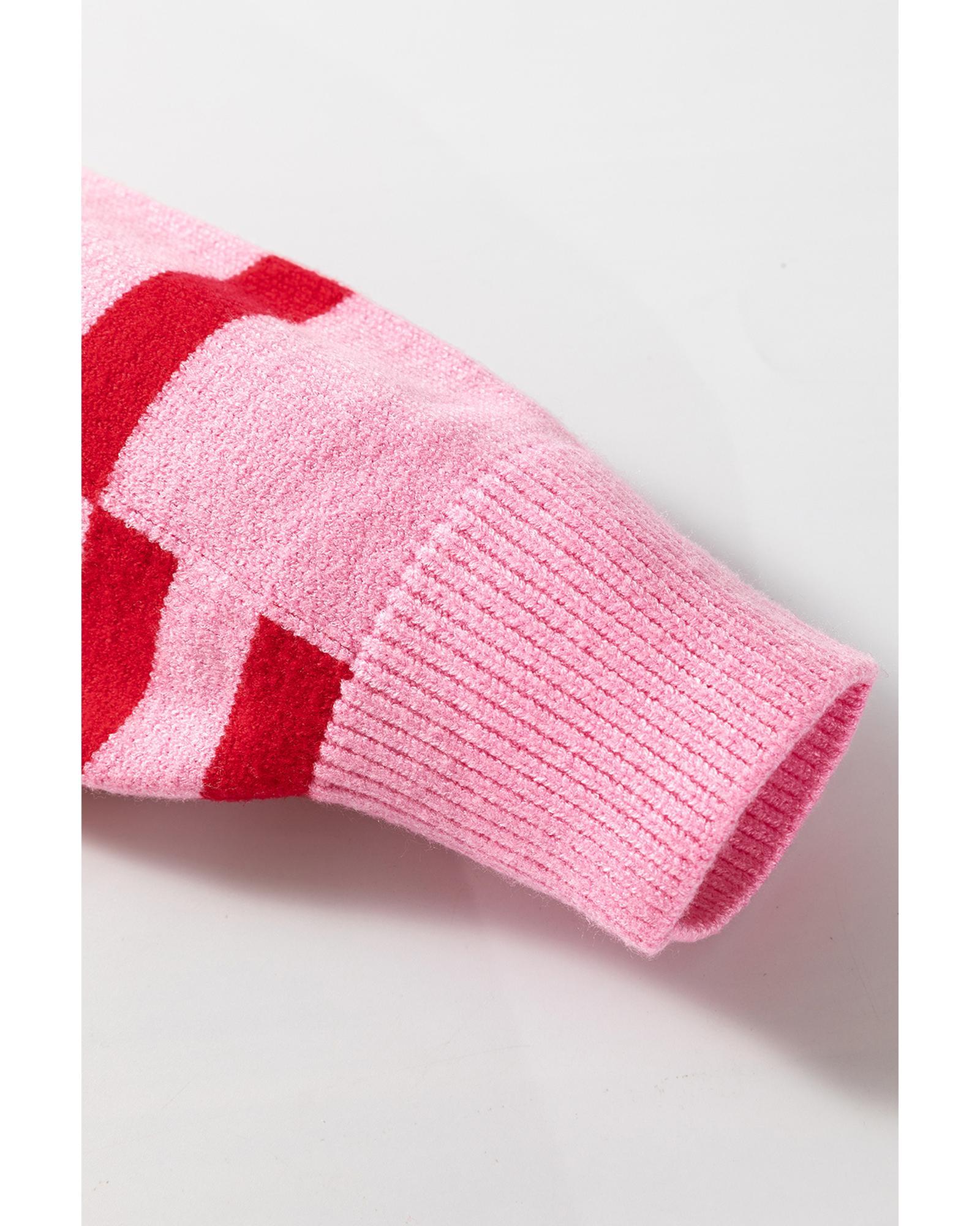 Pink Stripe Bubble Sleeve Drop Shoulder Ribbed Trim Sweater - M