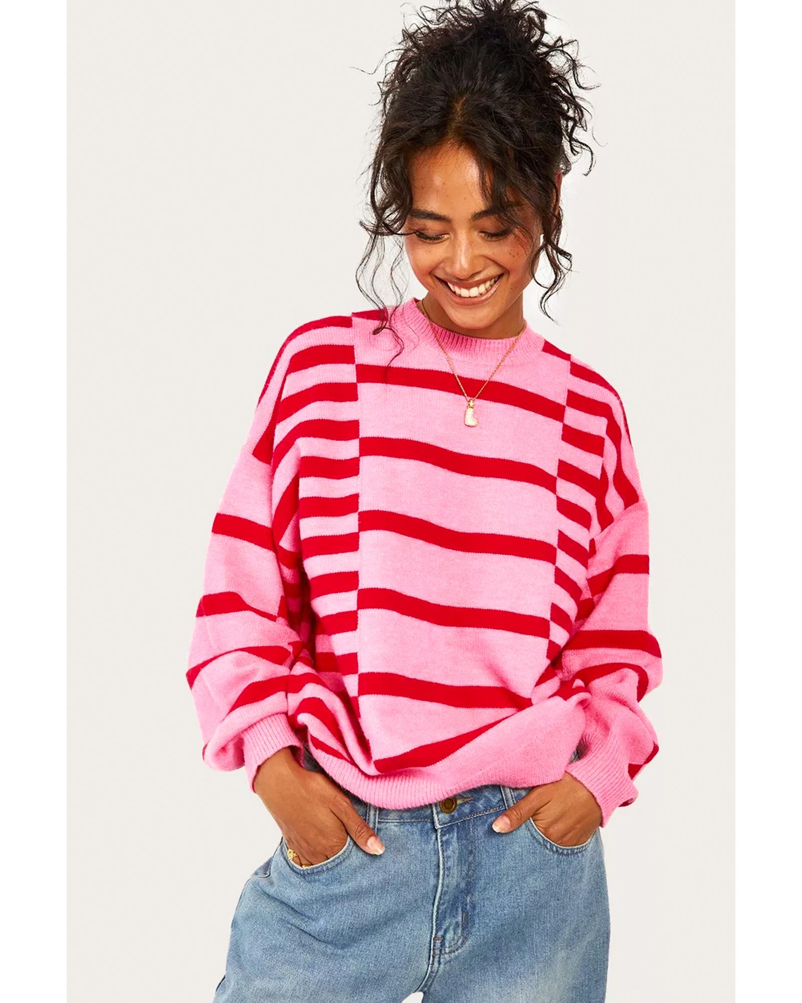 Pink Stripe Bubble Sleeve Drop Shoulder Ribbed Trim Sweater - M
