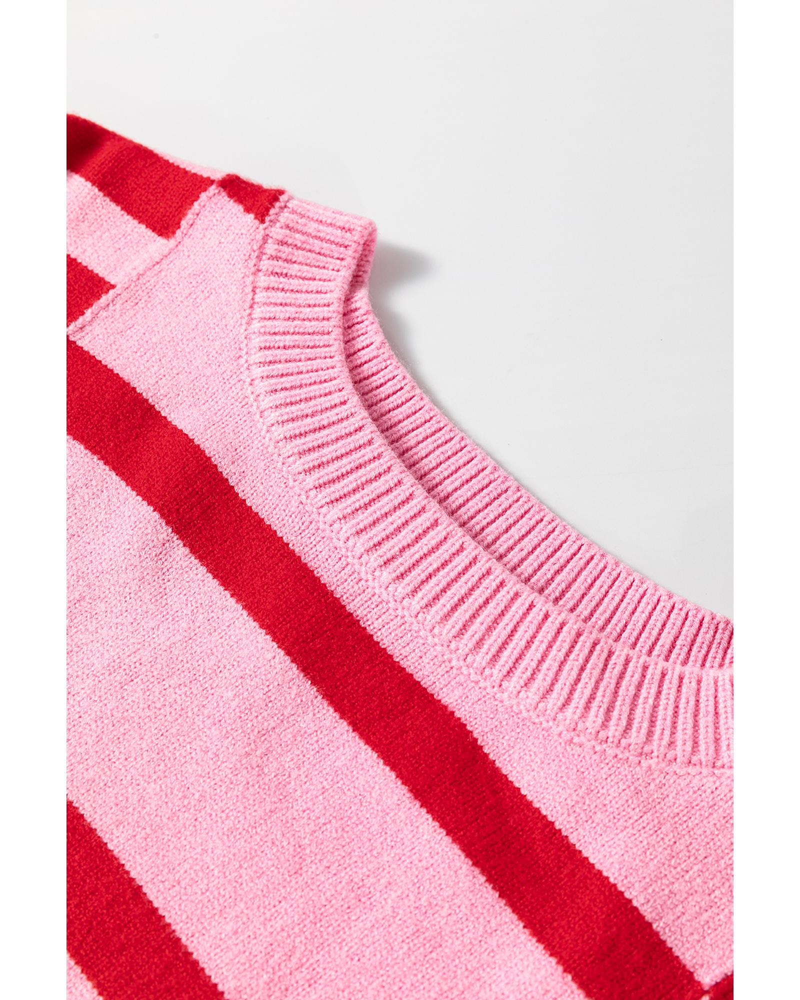 Pink Stripe Bubble Sleeve Drop Shoulder Ribbed Trim Sweater - M