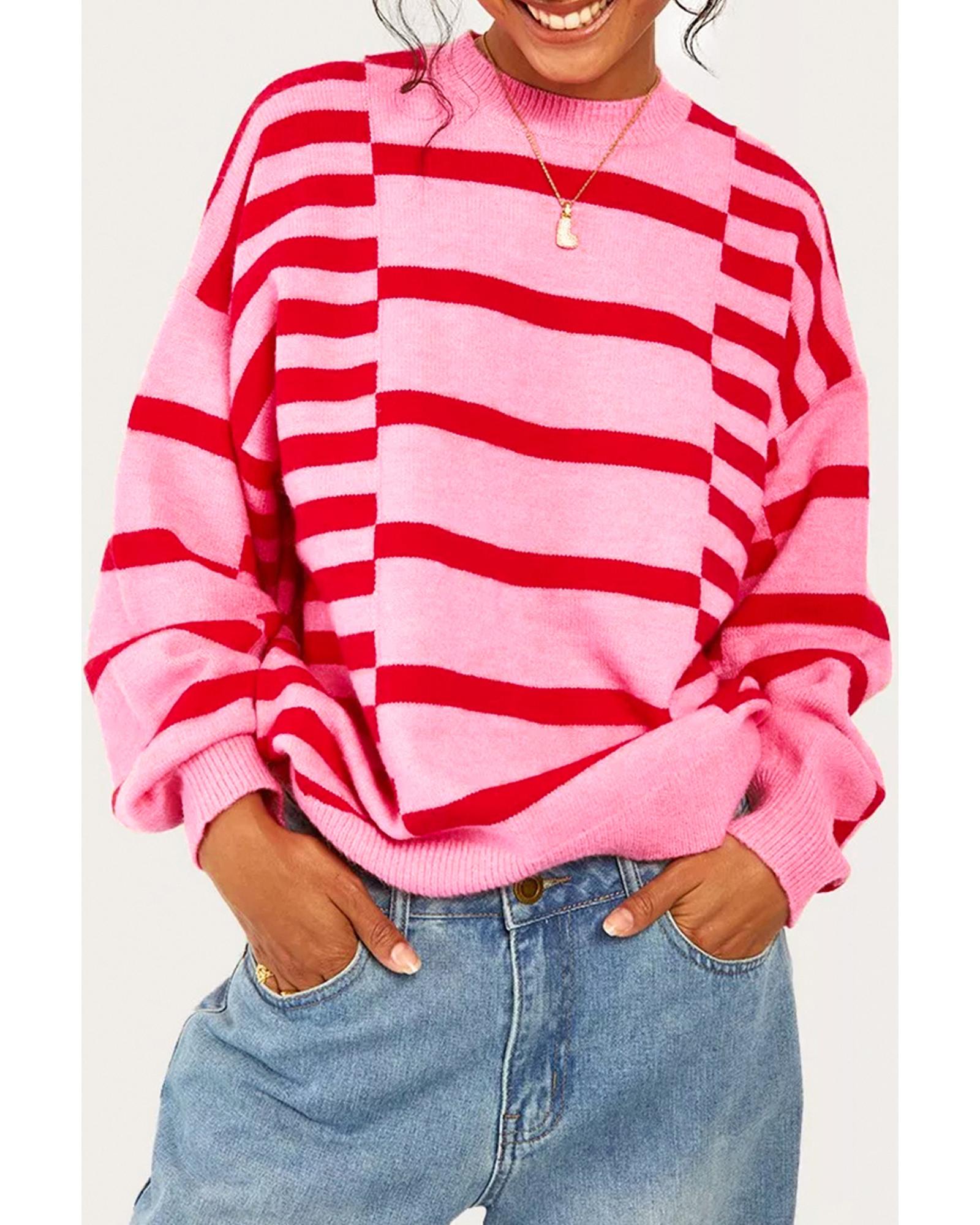 Pink Stripe Bubble Sleeve Drop Shoulder Ribbed Trim Sweater - XL