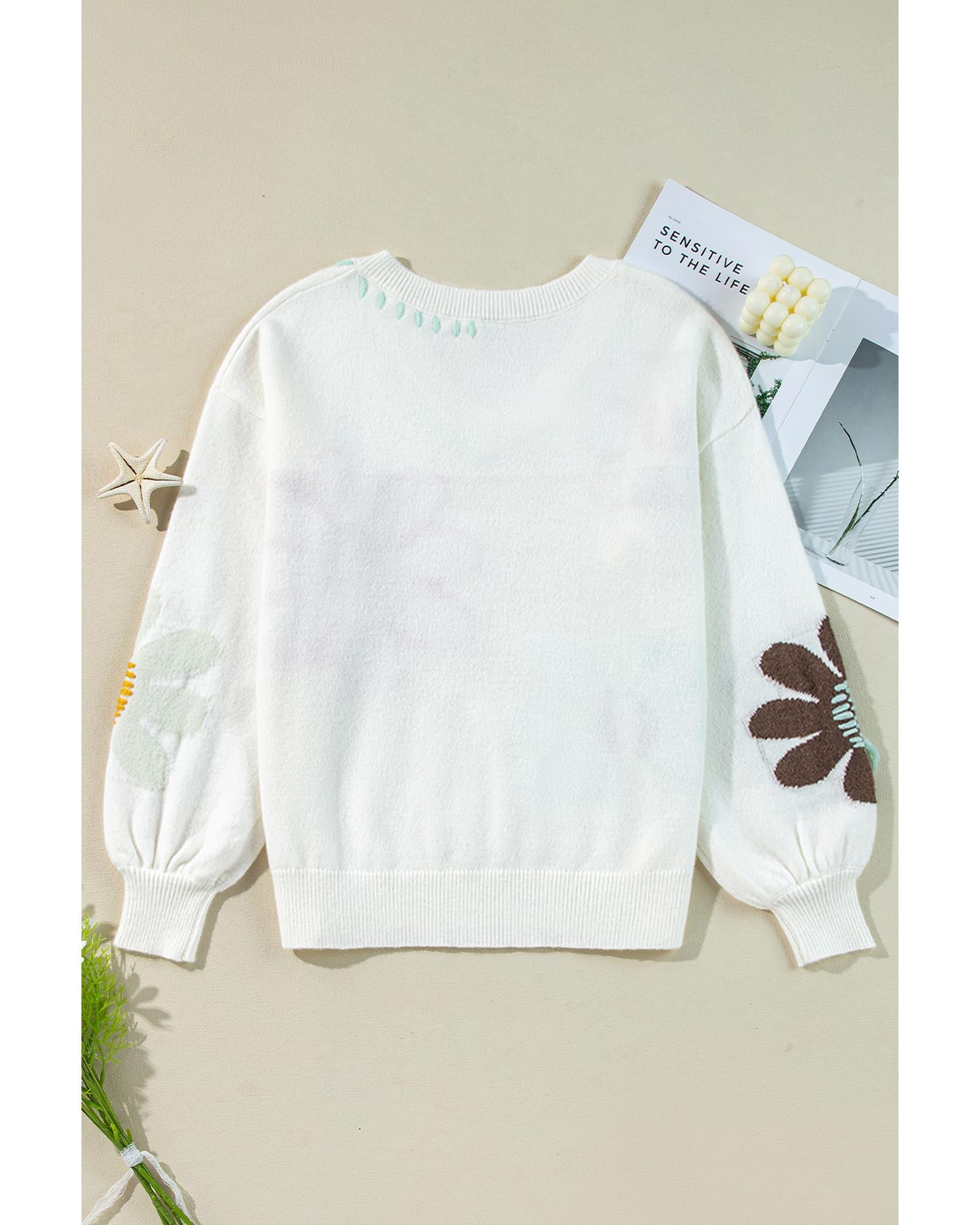 White Big Flower Pattern V Neck Drop Shoulder Sweater - L