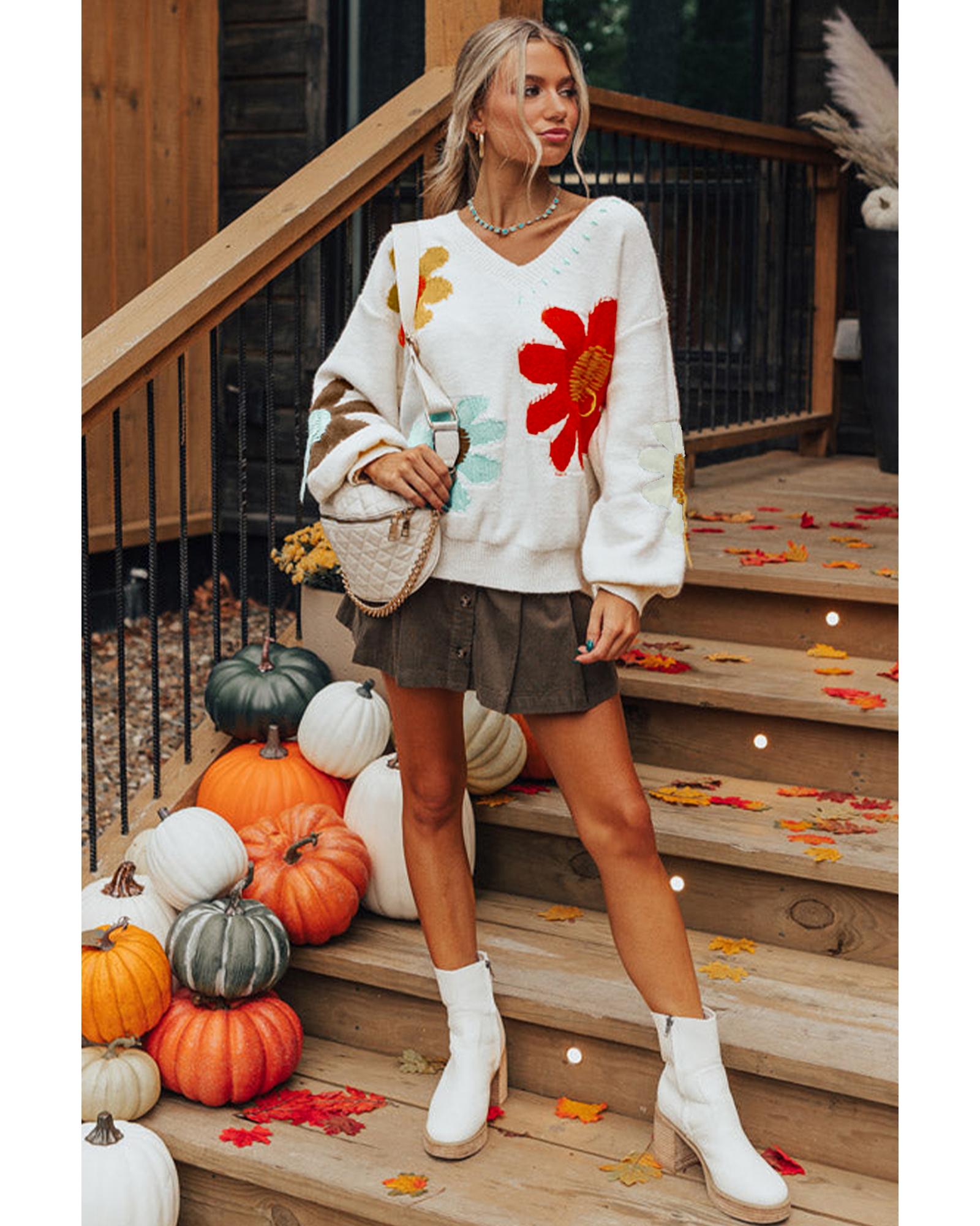 White Big Flower Pattern V Neck Drop Shoulder Sweater - L