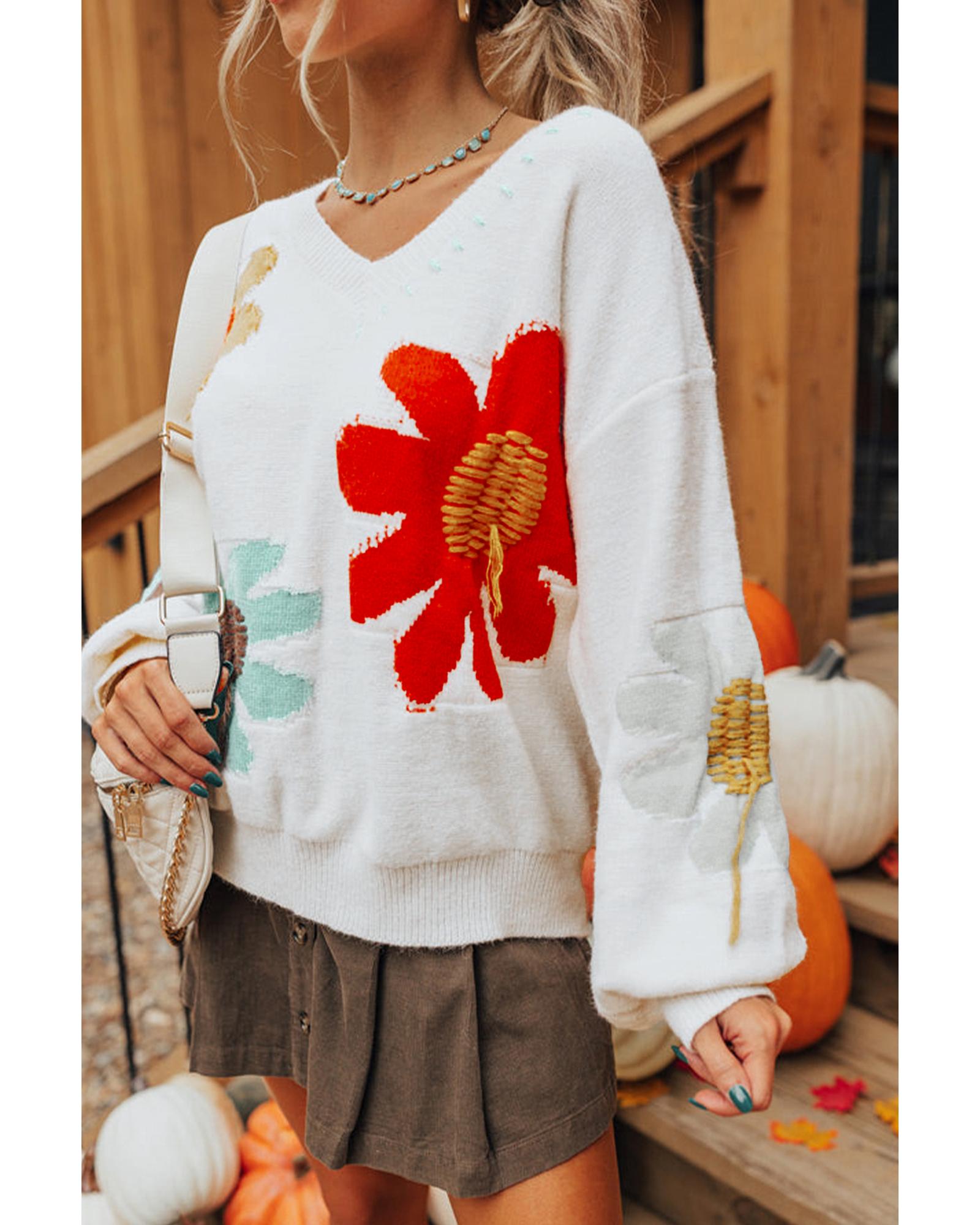 White Big Flower Pattern V Neck Drop Shoulder Sweater - L