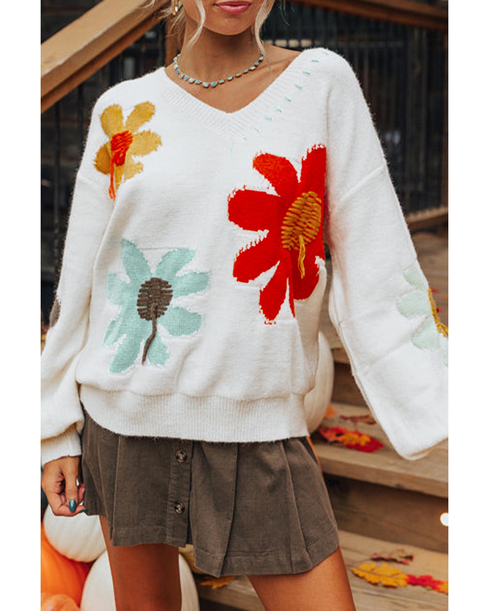 White Big Flower Pattern V Neck Drop Shoulder Sweater - L