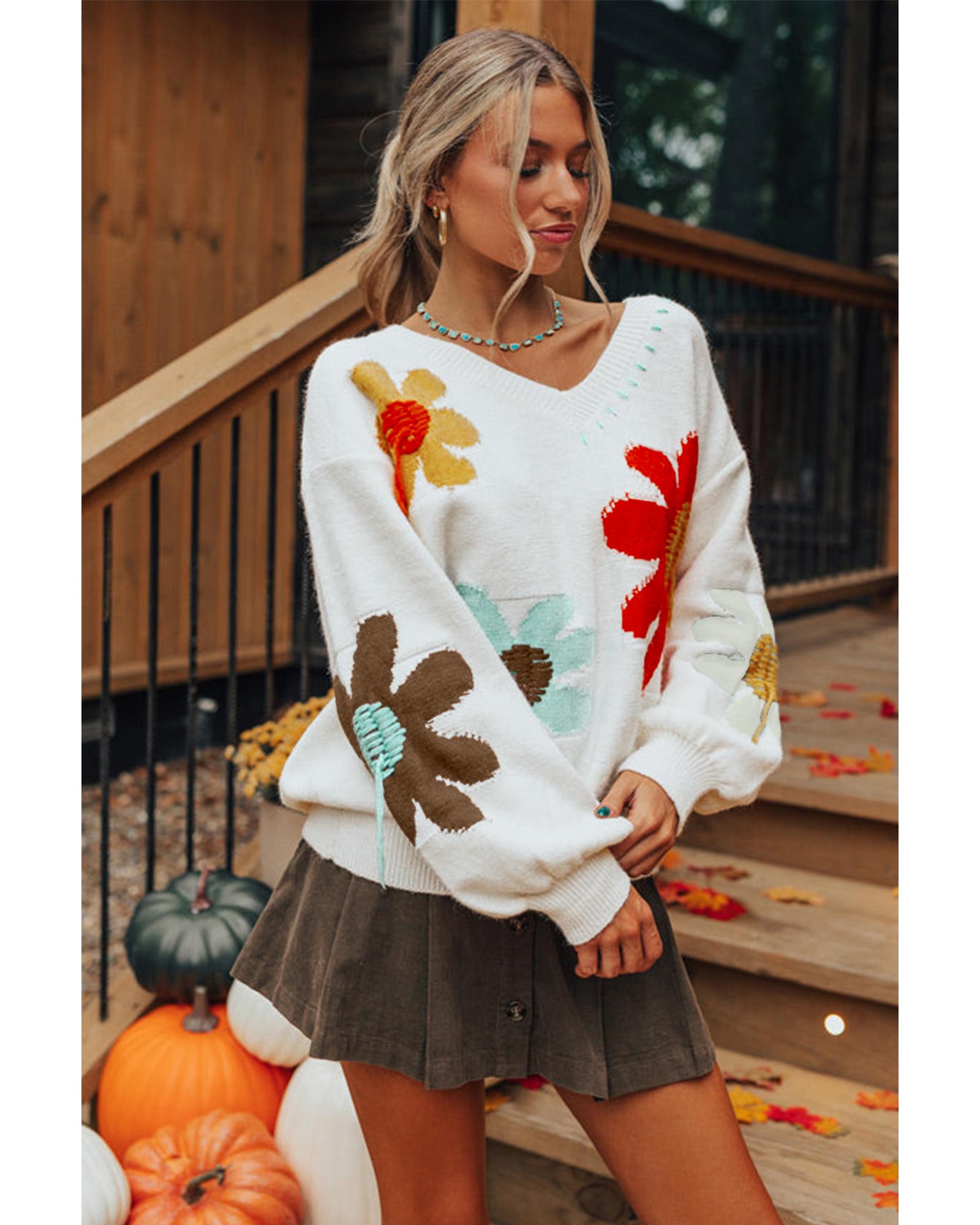 White Big Flower Pattern V Neck Drop Shoulder Sweater - L