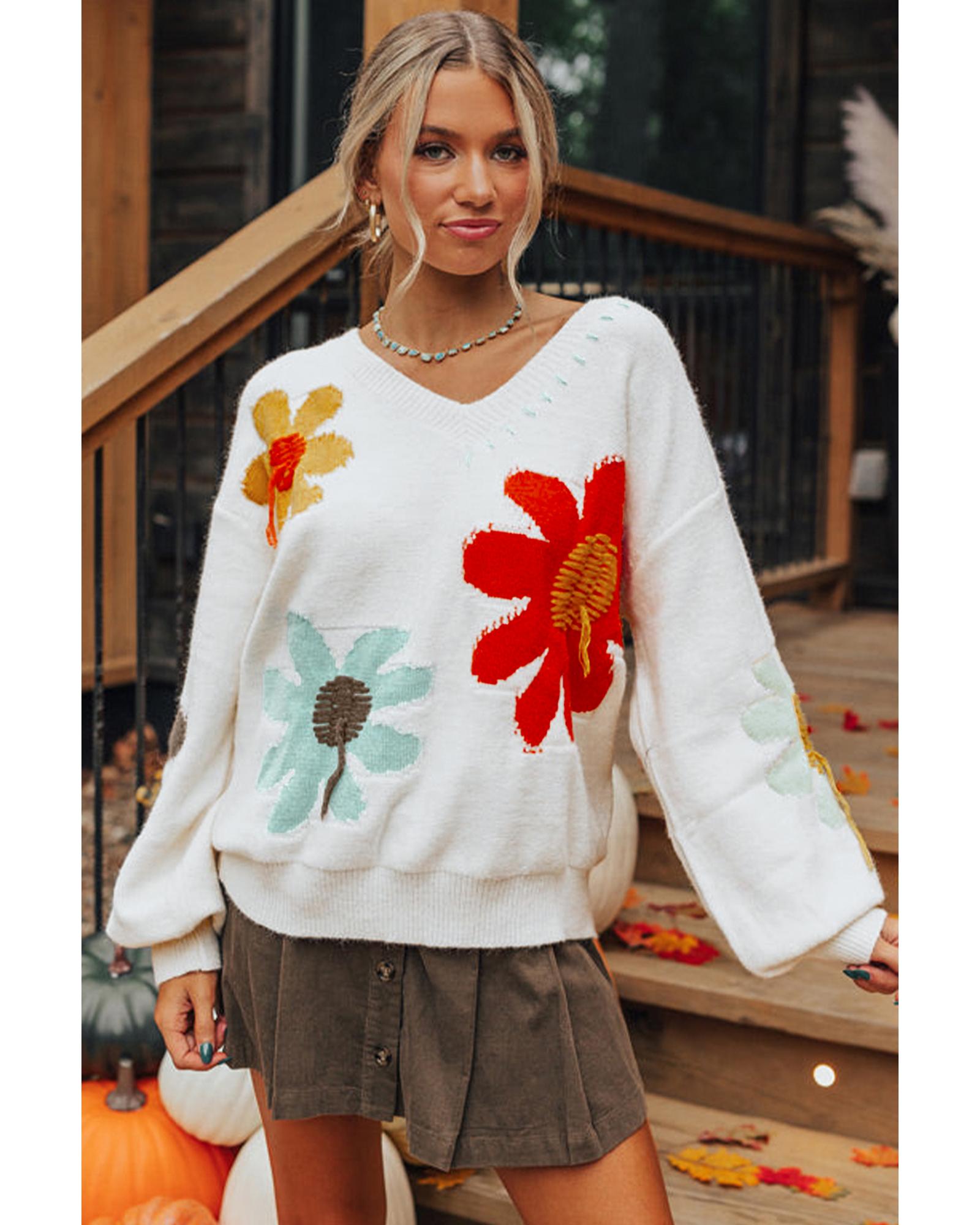 White Big Flower Pattern V Neck Drop Shoulder Sweater - XL
