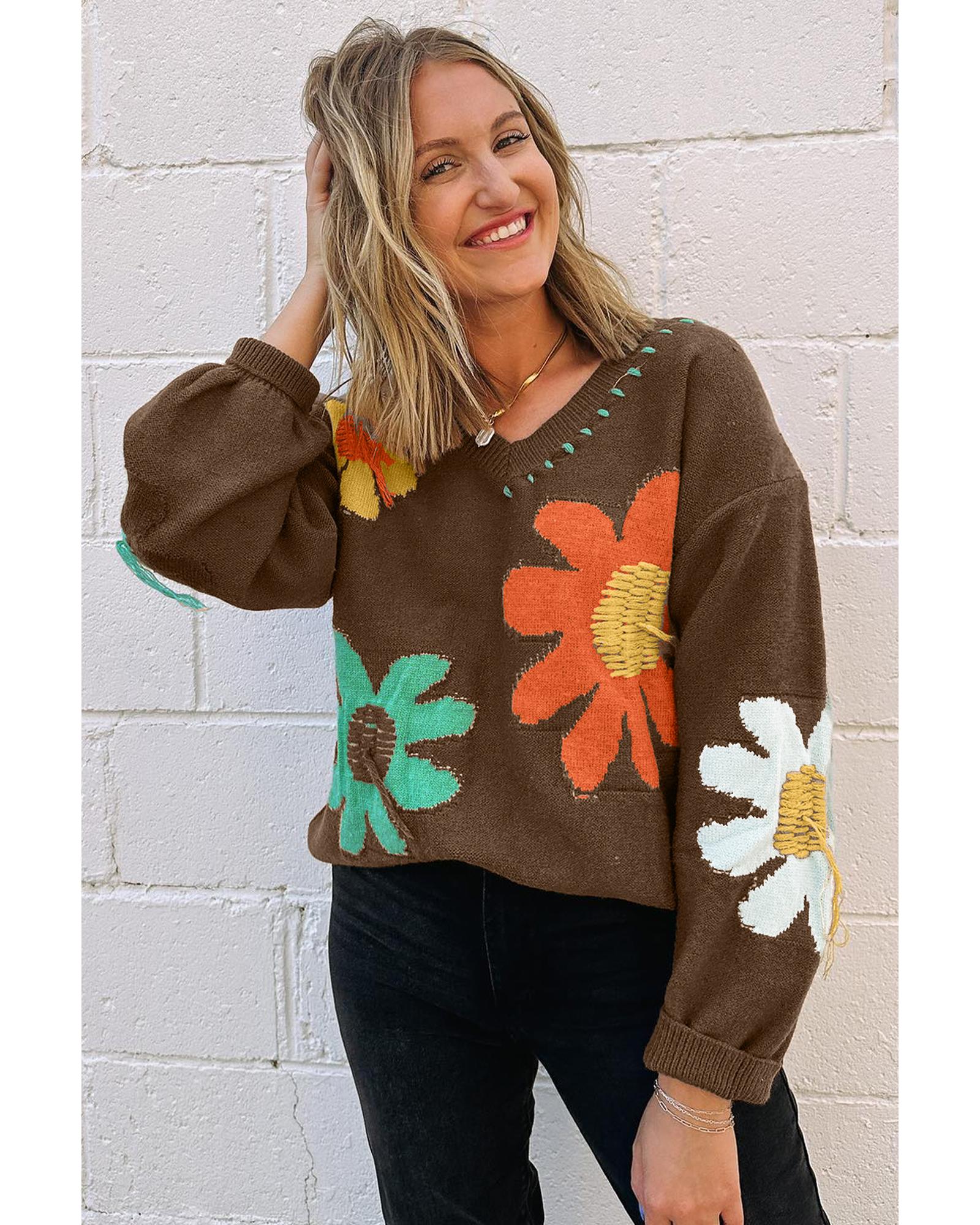 Coffee Big Flower Pattern V Neck Drop Shoulder Sweater - L