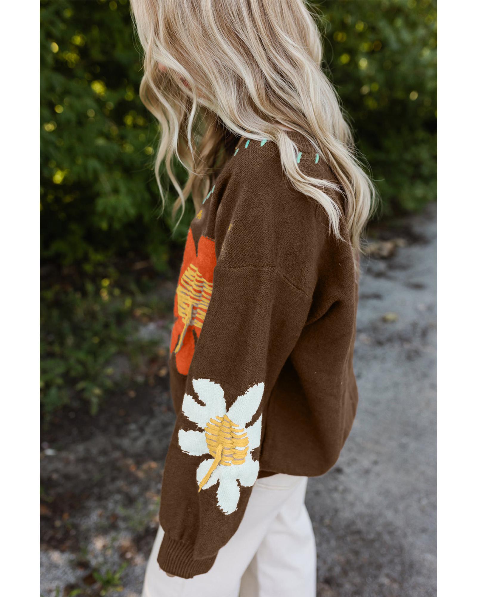 Coffee Big Flower Pattern V Neck Drop Shoulder Sweater - L