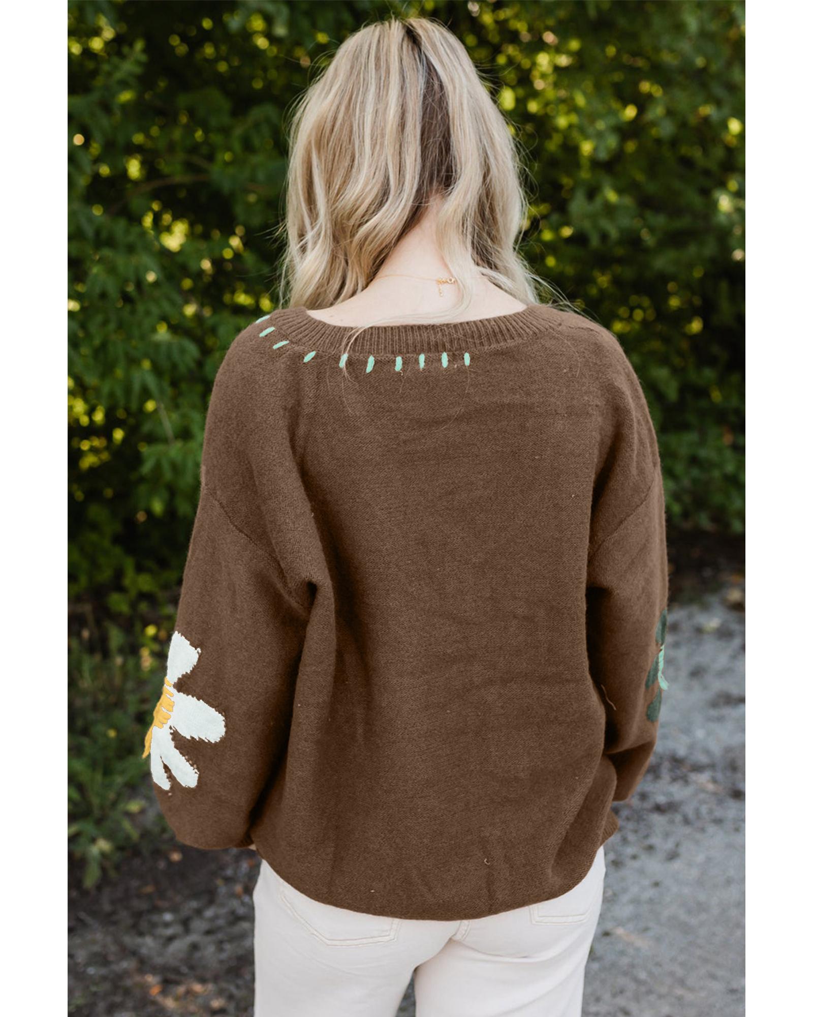 Coffee Big Flower Pattern V Neck Drop Shoulder Sweater - L