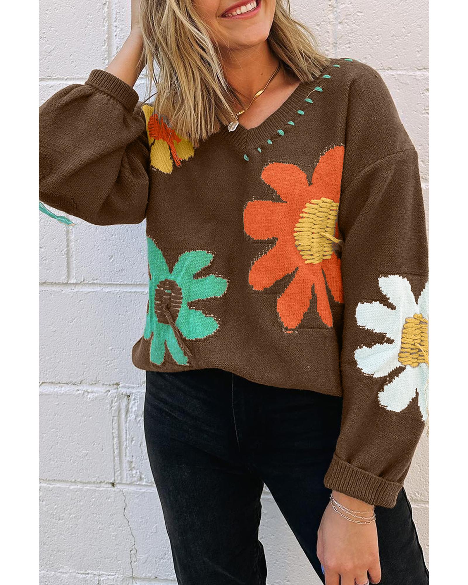Coffee Big Flower Pattern V Neck Drop Shoulder Sweater - L