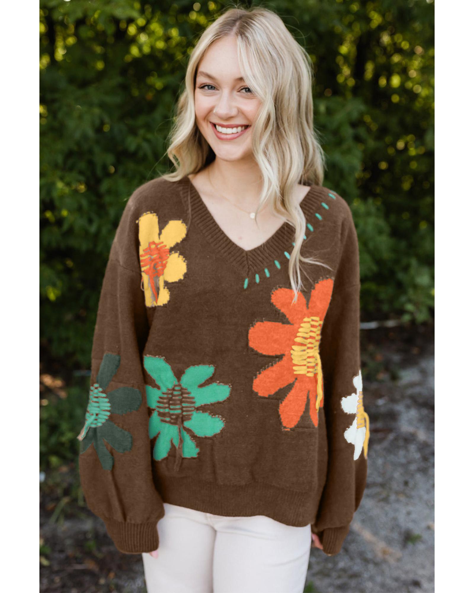 Coffee Big Flower Pattern V Neck Drop Shoulder Sweater - L