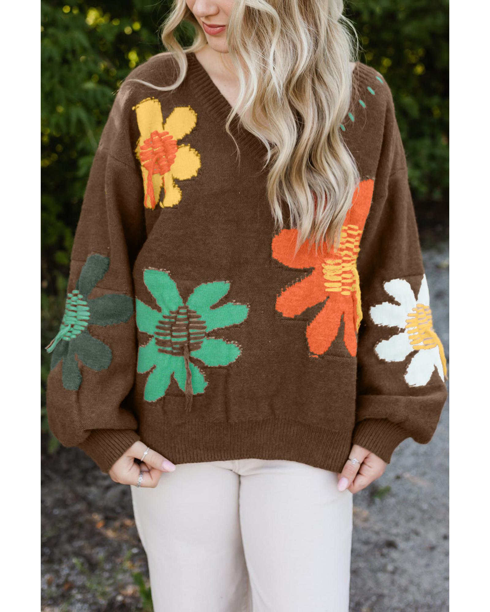 Coffee Big Flower Pattern V Neck Drop Shoulder Sweater - S