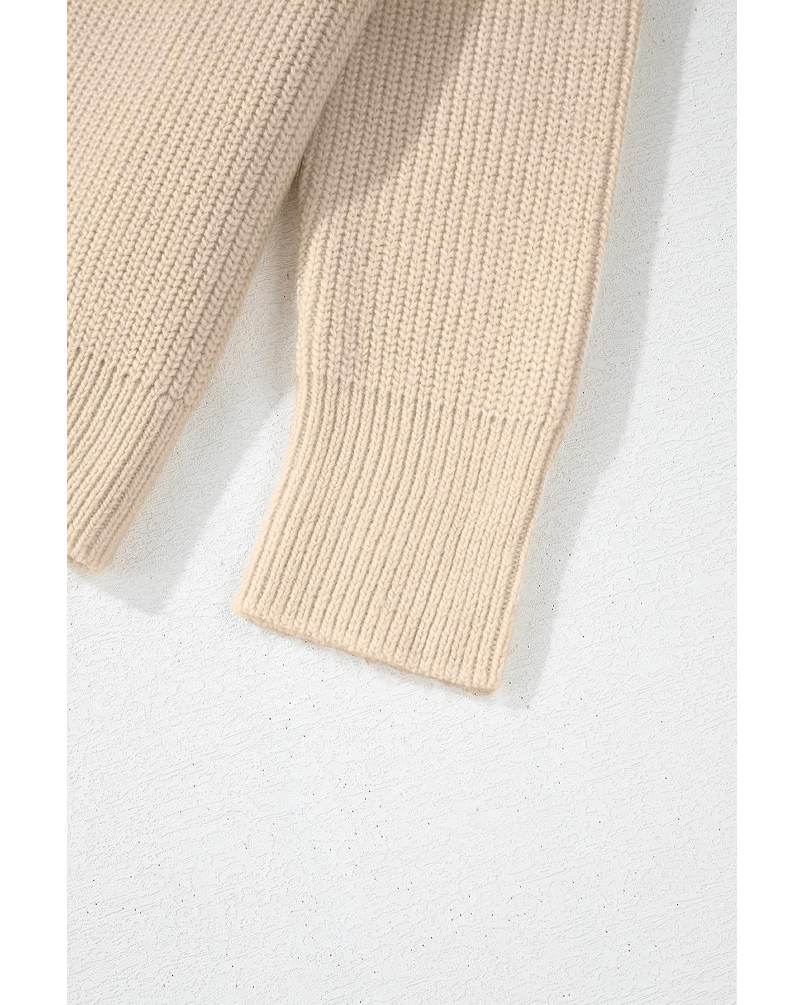 Beige Solid Color Drawstring Hooded Drop Shoulder Pullover Sweater - L